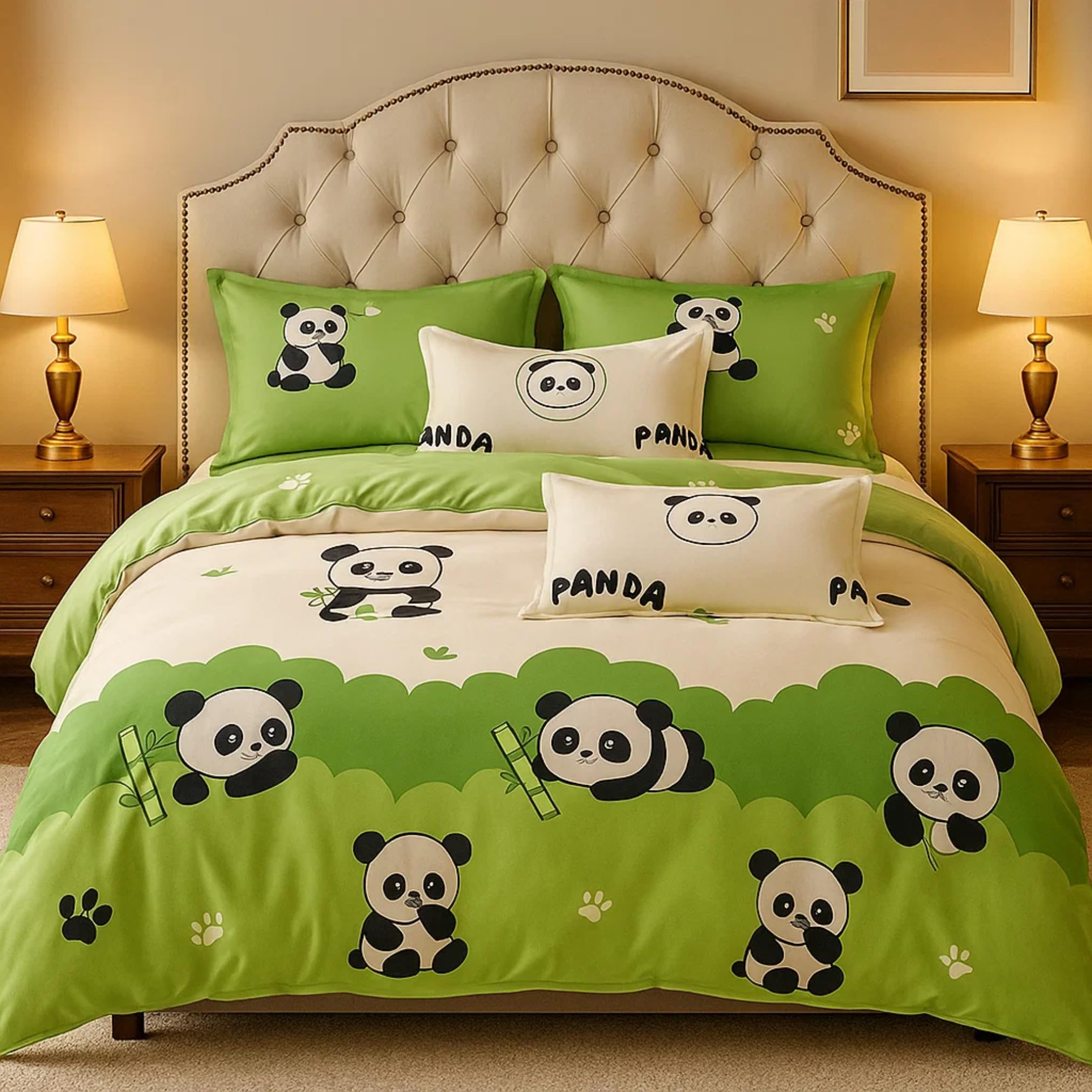 Famyo® King Size Bedsheet Set with 2 Pillow Covers, 250 TC Fitted Bedsheet, Comforter & Comforter Cover (5pc Set) –Home Decor, 72x78 inches Kids Bedsheet, Cute Green Panda Design-image-43
