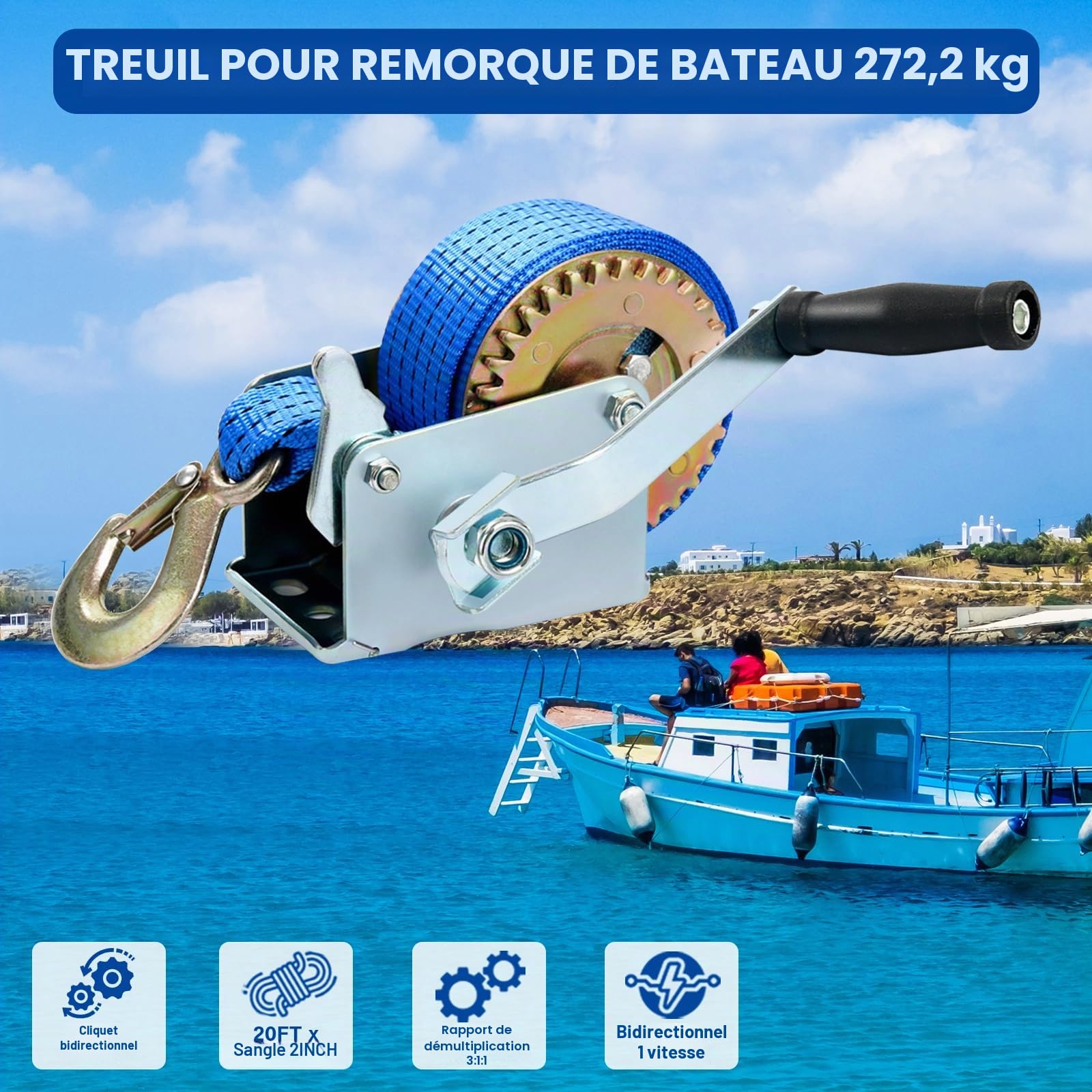 FreeTec Treuil Manuel avec Bleu Polyester Cordon à Bergung Treuil Bateau Treuil (6m 600lbs)