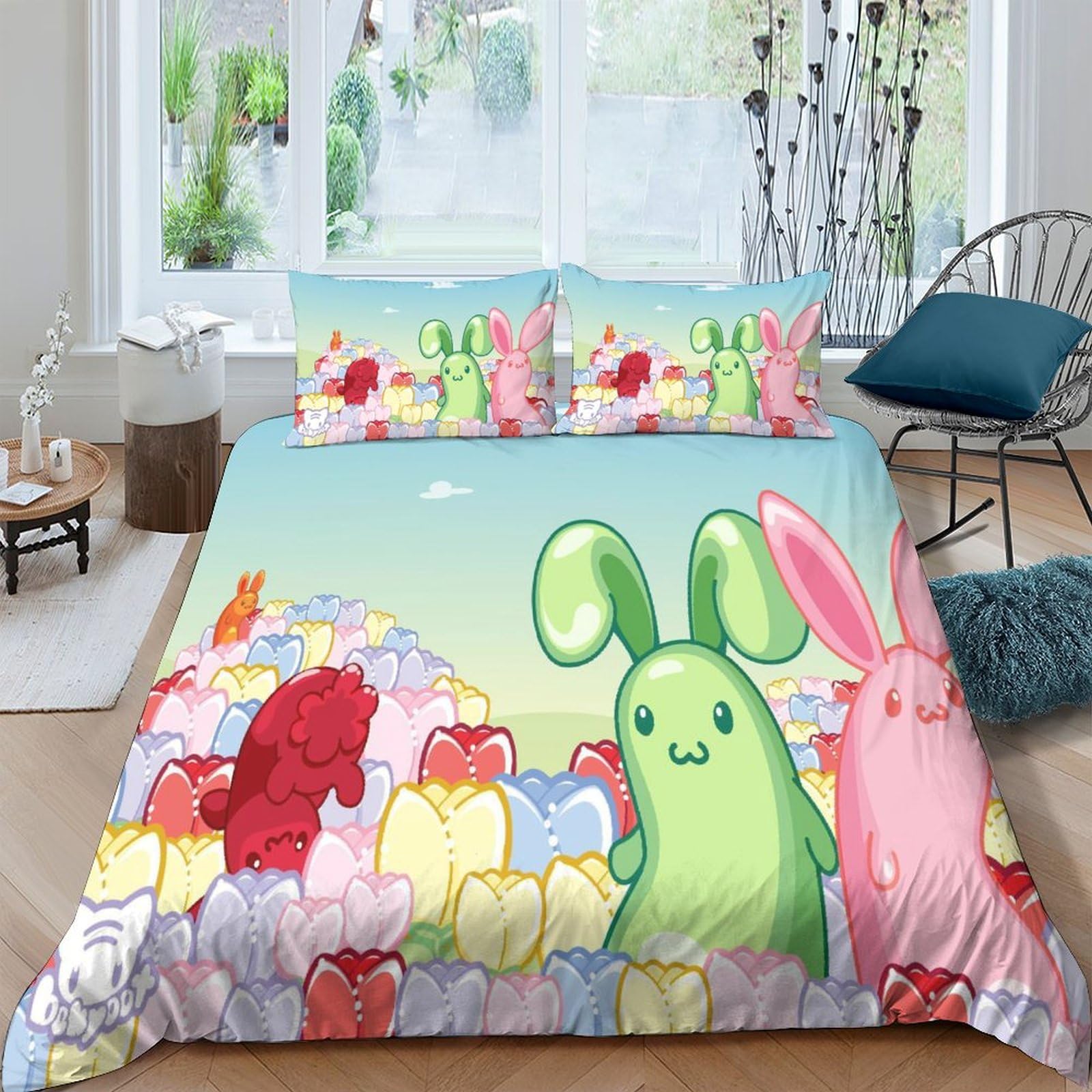 Parure de lit avec taies d'oreiller motif lapin imprimé 3D housse de couette 200x200cm