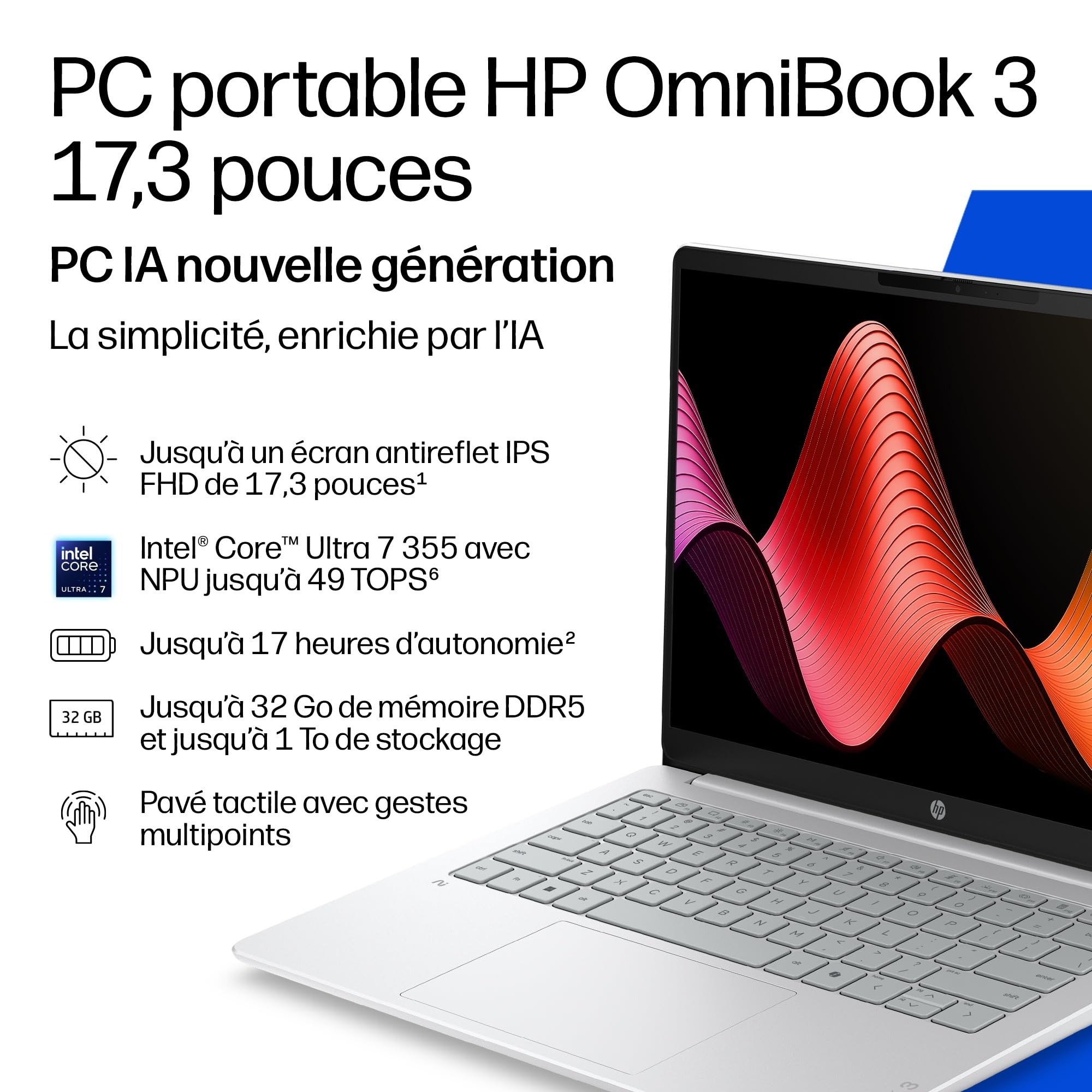HP OmniBook 3 17-df0001sf Ordinateur Portable 17,3" FHD IPS, PC Portable (Intel Ultra 5 322, RAM 16 Go, SSD 512 Go, Intel Graphics, Windows 11), Laptop Argent, Clavier AZERTY