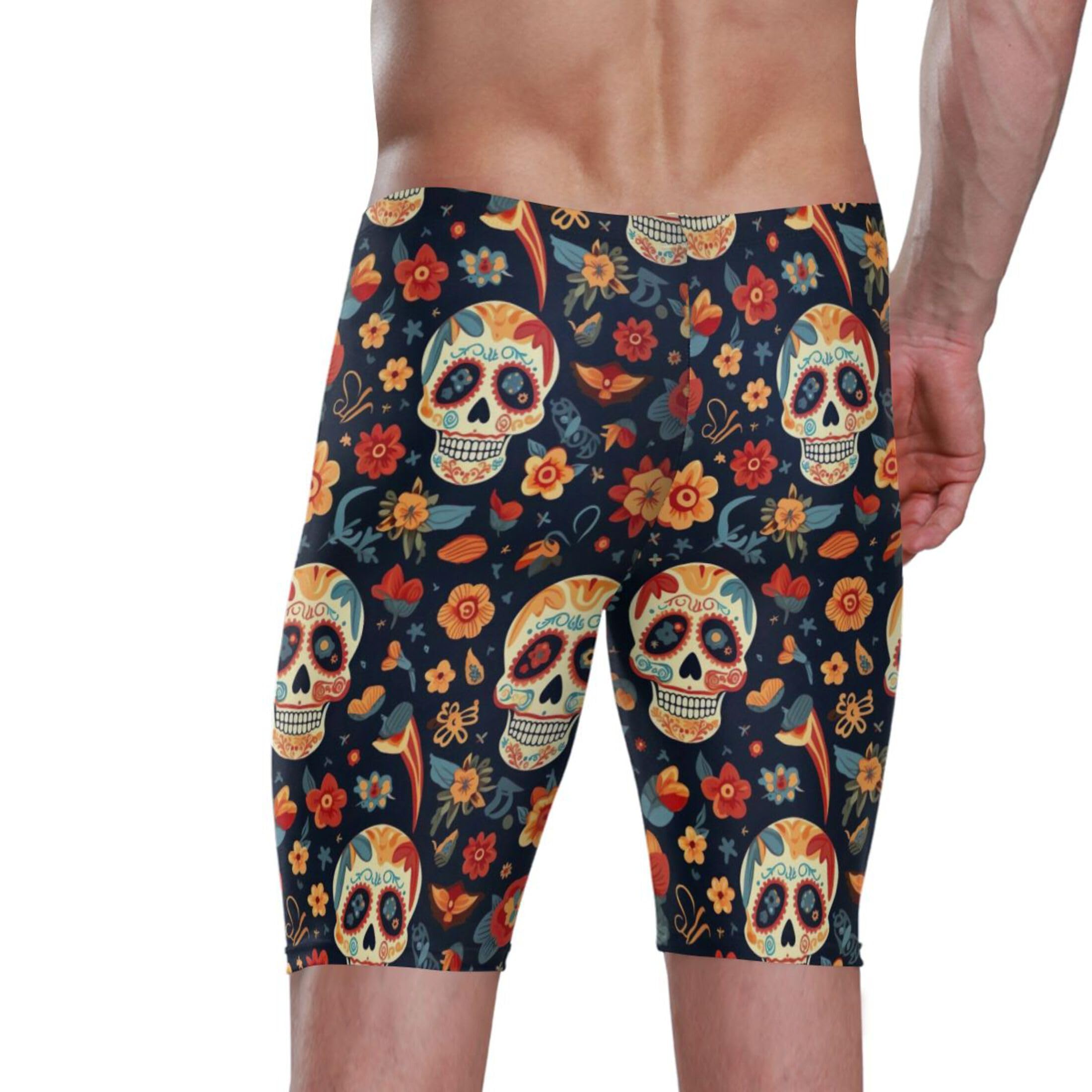 UMIRIKO Sugar Skull Skeleton Gothic Flowers Men's Swimsuit Swim Jammers L B0402997
