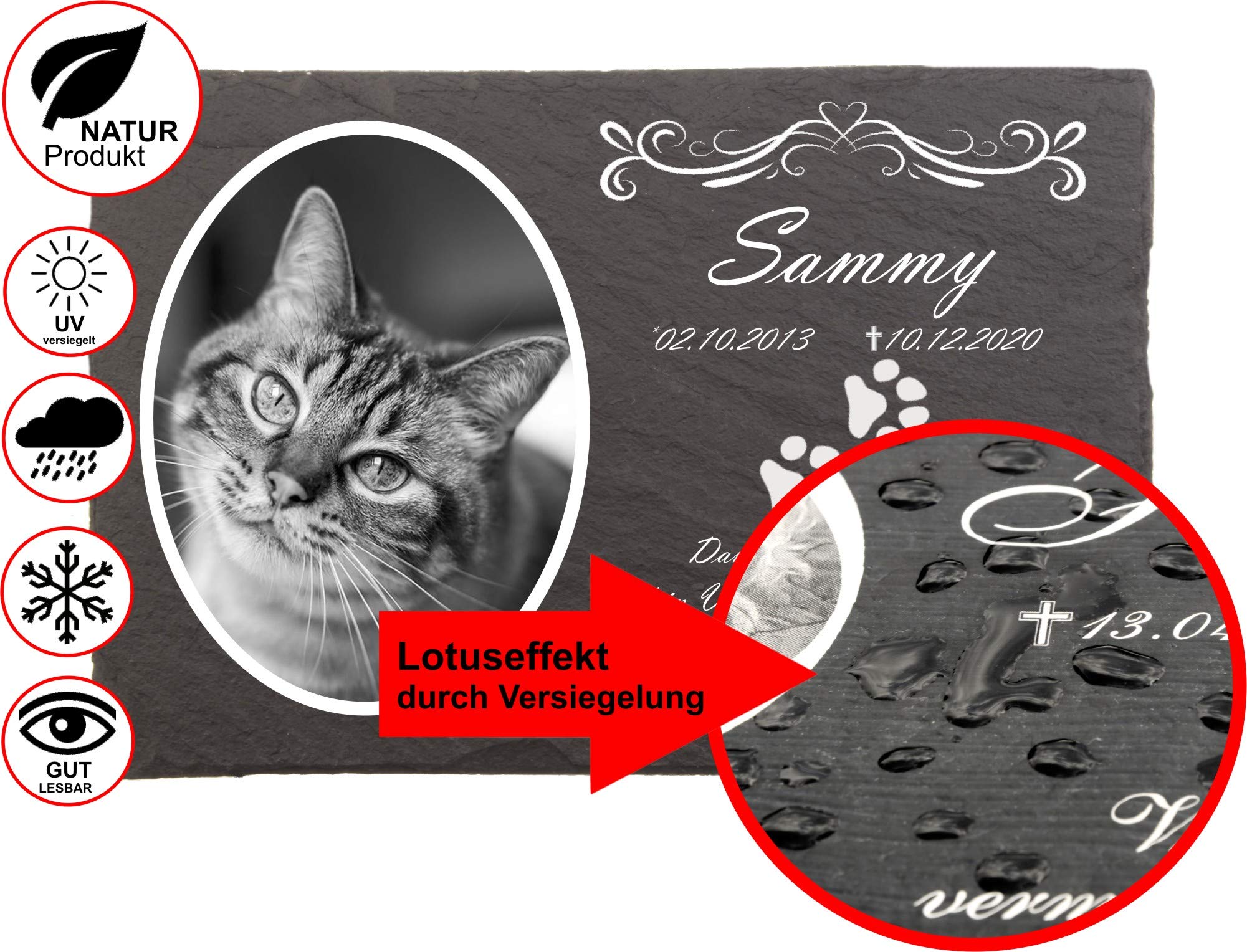 Katzengrabstein mit eigenem Foto und Katzenpfoten, Gedenksteine für Katzen mit personalisierter Gravur Katzen, Gedenksteine aus Naturschiefer 20x30 cm