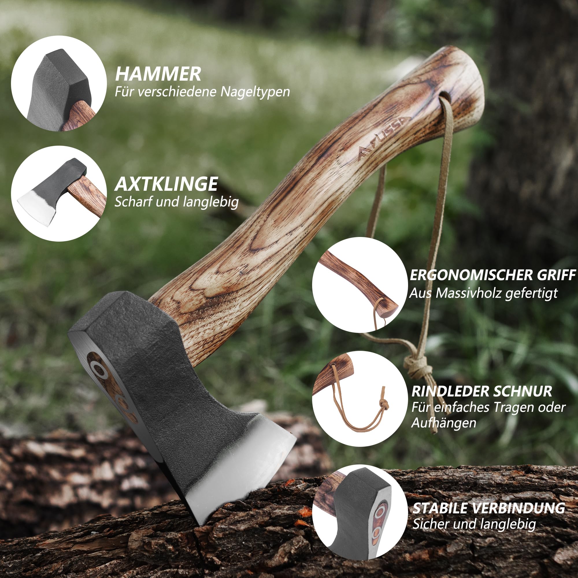 FLISSA Outdoor Axt mit Holzgriff und Lederscheide, 690 g Scharfes Kleine Axt 310mm Handbeil Holz Spalten für Camping, Garten und Wandern