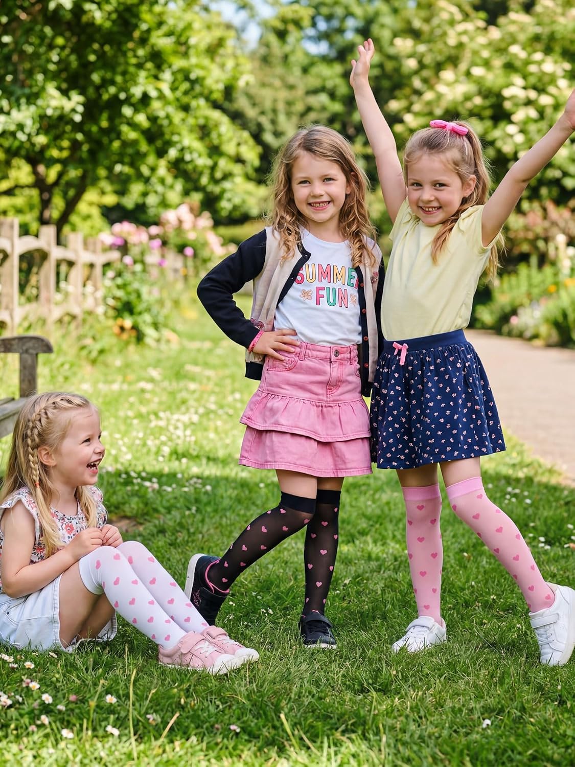 Fourluoo 3 Pairs Girls Knee High Socks Seamless over The Knee High Sock Heart Colorful Stockings for 4-12 Years Kids Daily Wear School Dating Dance