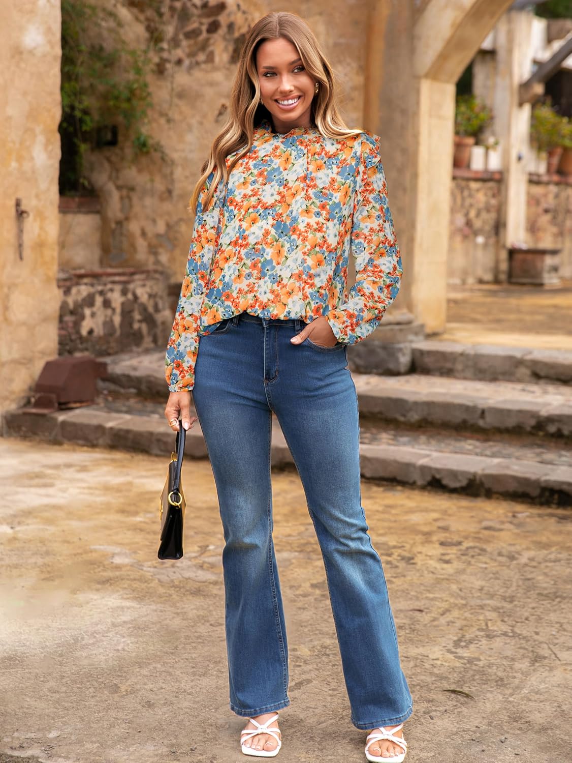 Simplee Womens Floral Boho Tops Trendy Ruffle Long Sleeve Blouses Fall Dressy Mock Neck Loose Casual Work Shirts - Image 5