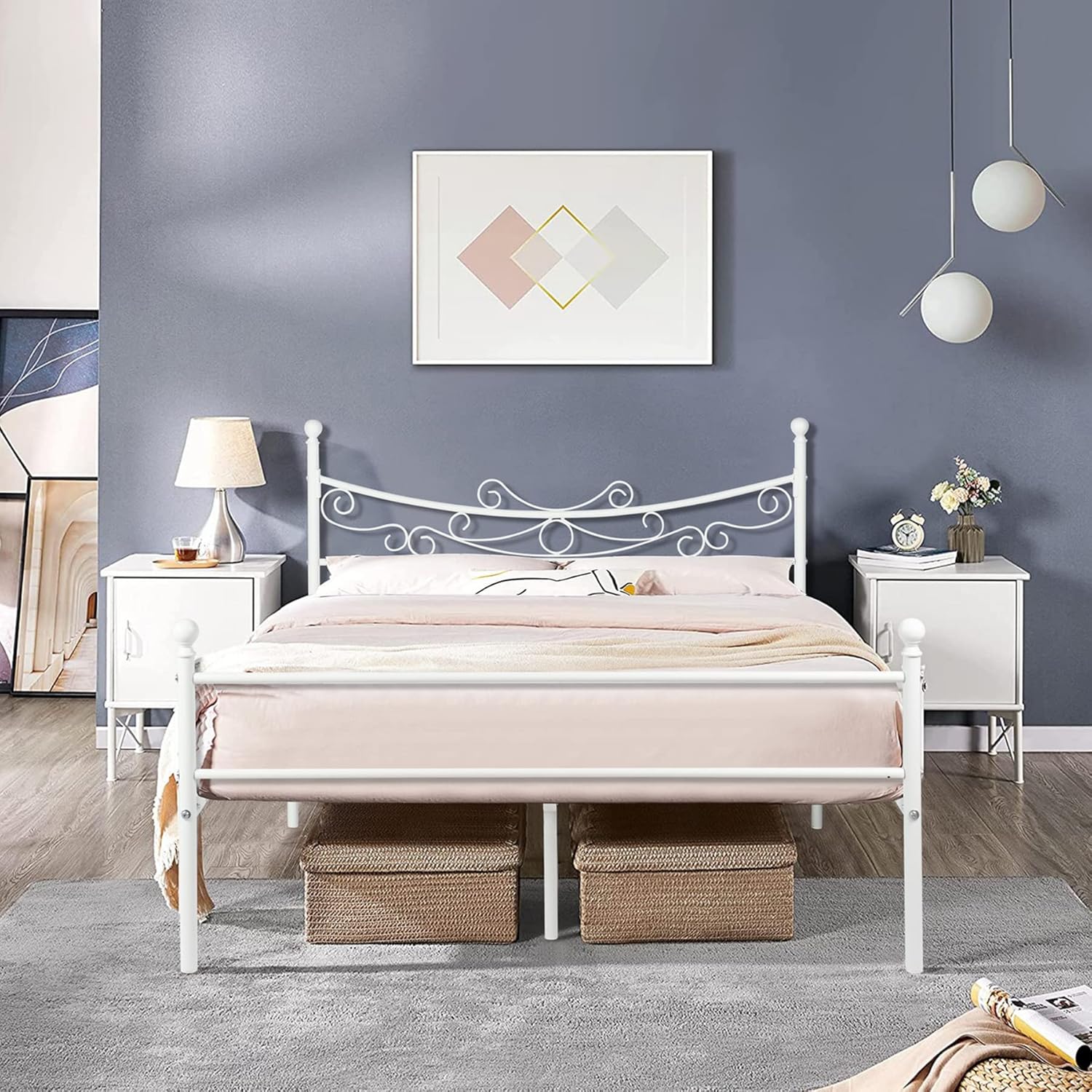 GrandCA HOME Metal Bed Metal Frame with Pattern, with Large Storage