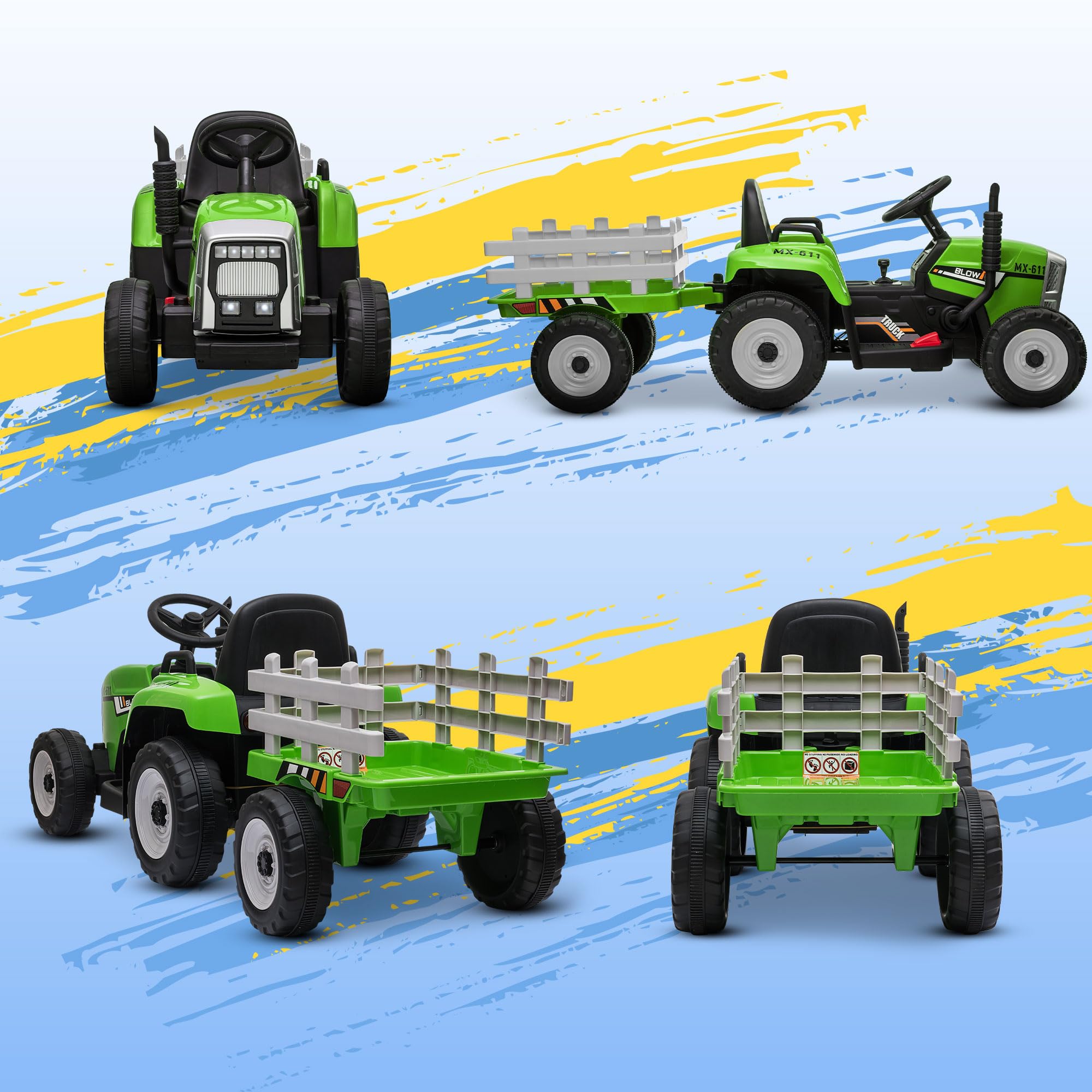 HOMCOM Elektrischer Traktor mit Anhänger 2,4G Fernbedienung 3-6KM/H Grün | Kinder Aufsitztraktor, Kinder Elektroauto mit MP3 Funktion, Kinderfahrzeug mit Scheinwerfer, für 3-6 Jahre