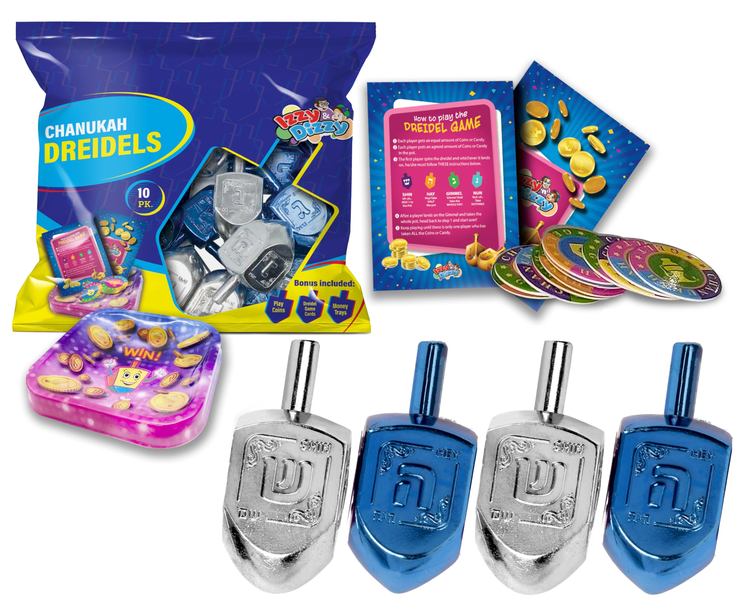 Izzy 'n' Dizzy Hanukkah Metallic Blue and Silver Dreidel (Pack of 10) - Medium