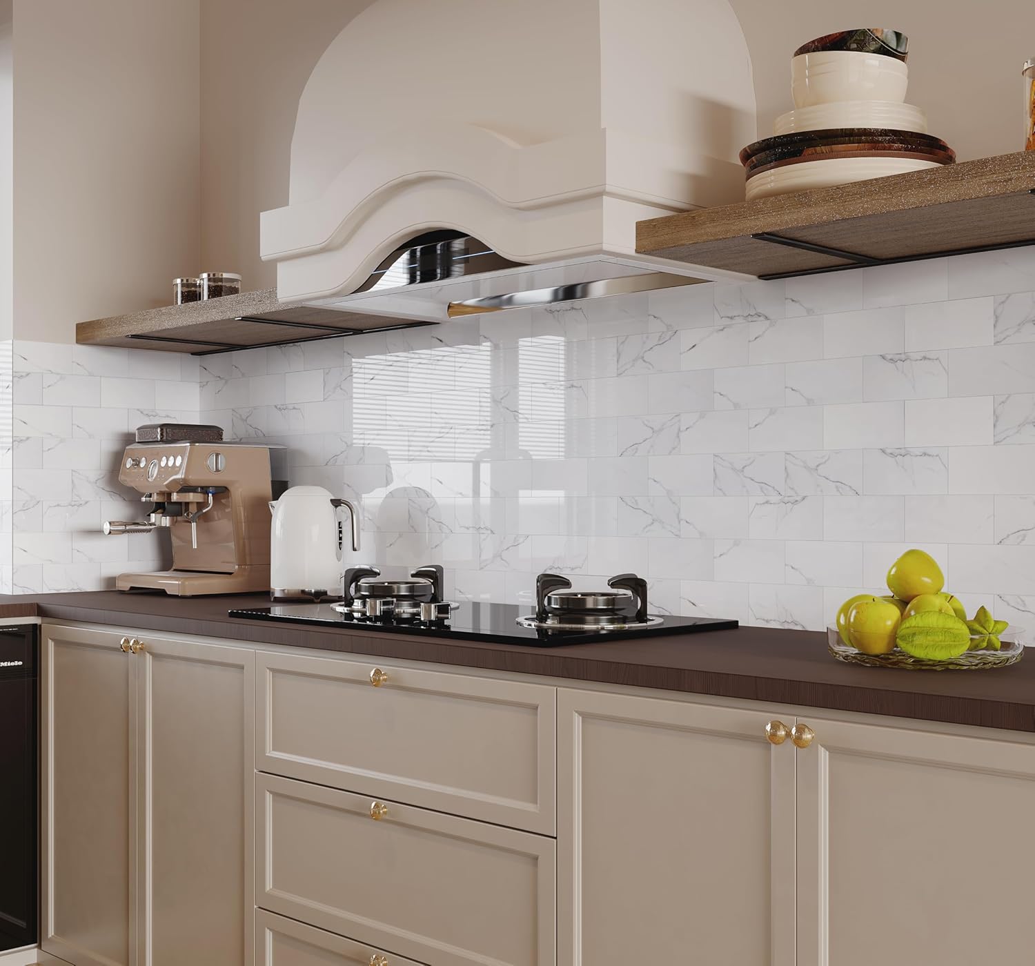 COLAMO Luxury 10-Sheet Peel and Stick Backsplash,Self Adhesive Faux Stone 12”x12” White Subway Tile for Kitchen,Glossy Waterproof Carrara Brick Marble Look,Stick on Accent Wall for Bathroom,Bedroom