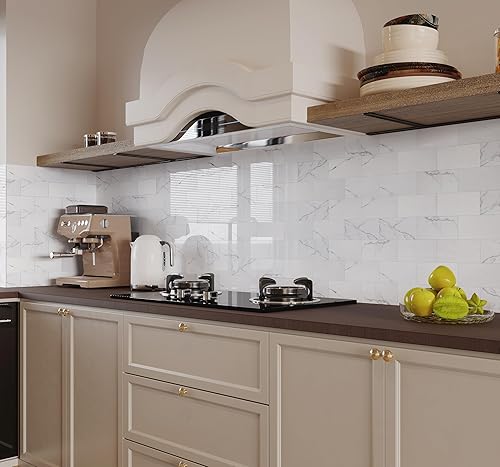 Miniatura 6 de COLAMO Protector contra salpicaduras de lujo de 10 hojas que se despega y pega, azulejo de metro blanco de piedra sintética autoadhesiva de 12"x12