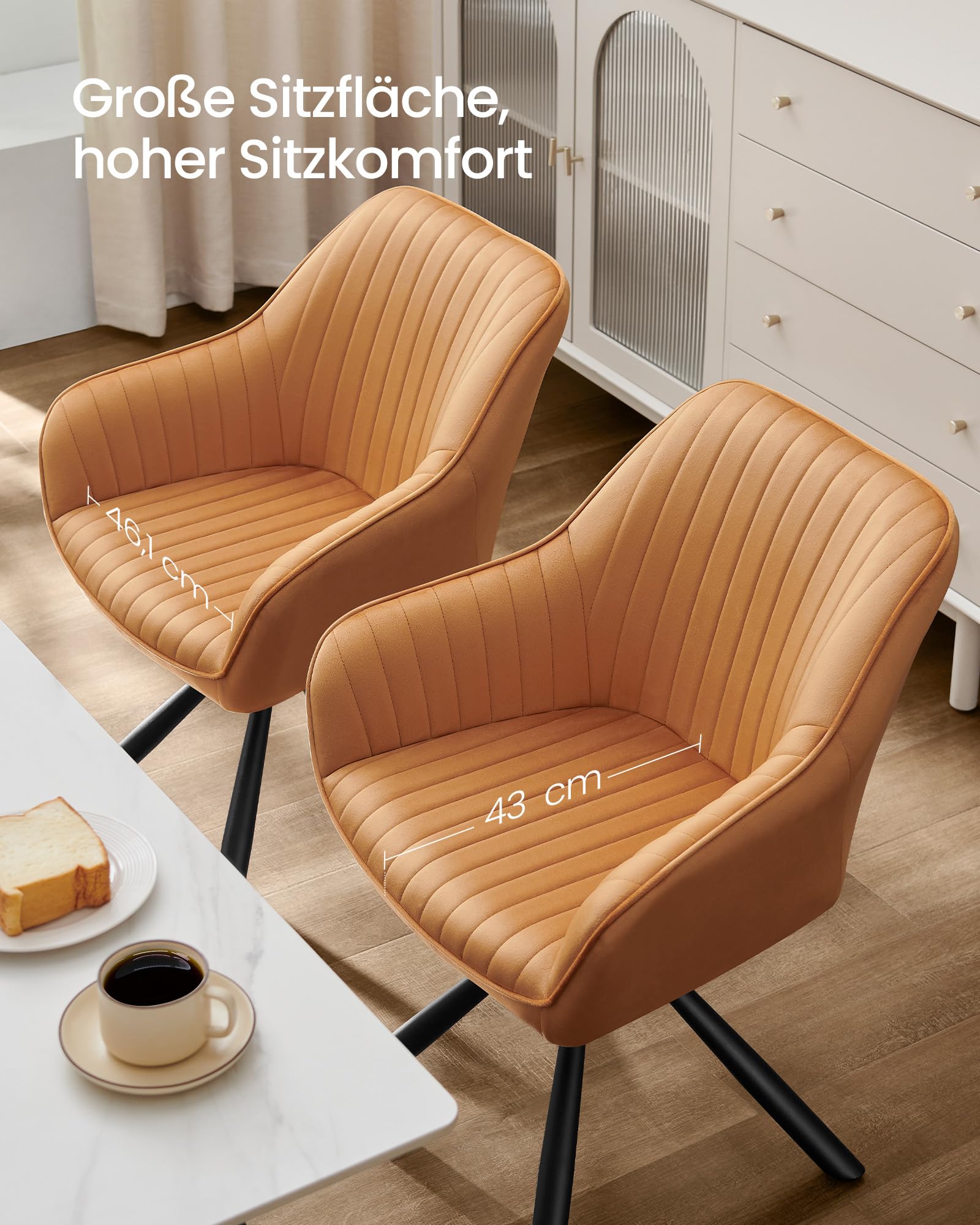 SONGMICS Esszimmerstuhl 2er Set, Küchenstuhl, Sessel drehbar, Samt, Polsterstuhl mit Armlehnen, bis 120 kg belastbar, Stahlbeine, für Esszimmer Küche, karamellbraun-tintenschwarz KDC161K12V1