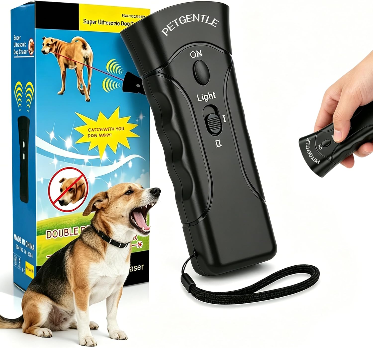 Petgentle Ultrasonic Pet Trainer—Features 2 Adjustable Intensity Levels and a Flashlight Function. Helps Curb Excessive Barking. Suitable for all Types of Dogs; Can be Used Indoors and Outdoors.