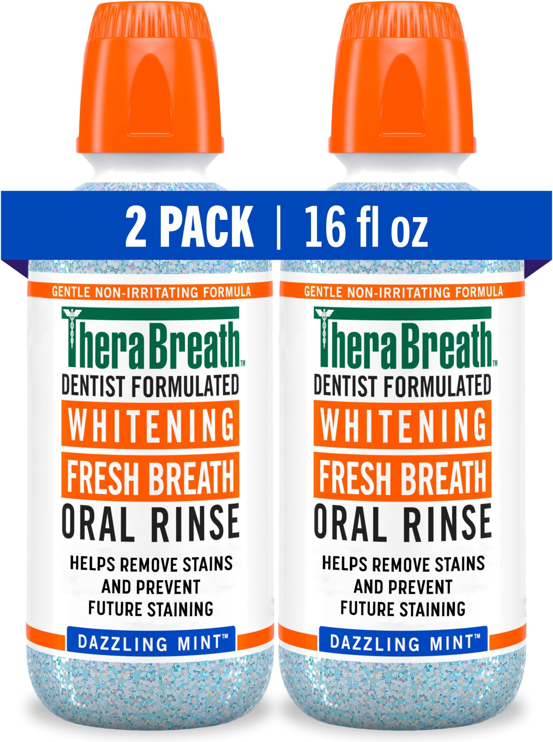 TheraBreath Whitening Fresh Breath Oral Rinse, Dazzling Mint, 16 Ounce (Pack of 2)