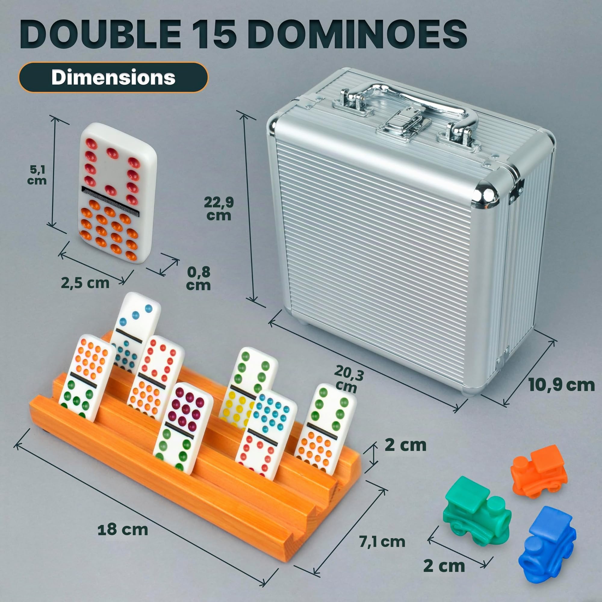 Queensell Set de Dominos Mexicains Double 15 avec 8 Supports - Moyeu et Porte-Jetons en Bois - Double 15 avec Points (D15 + 8 Supports)
