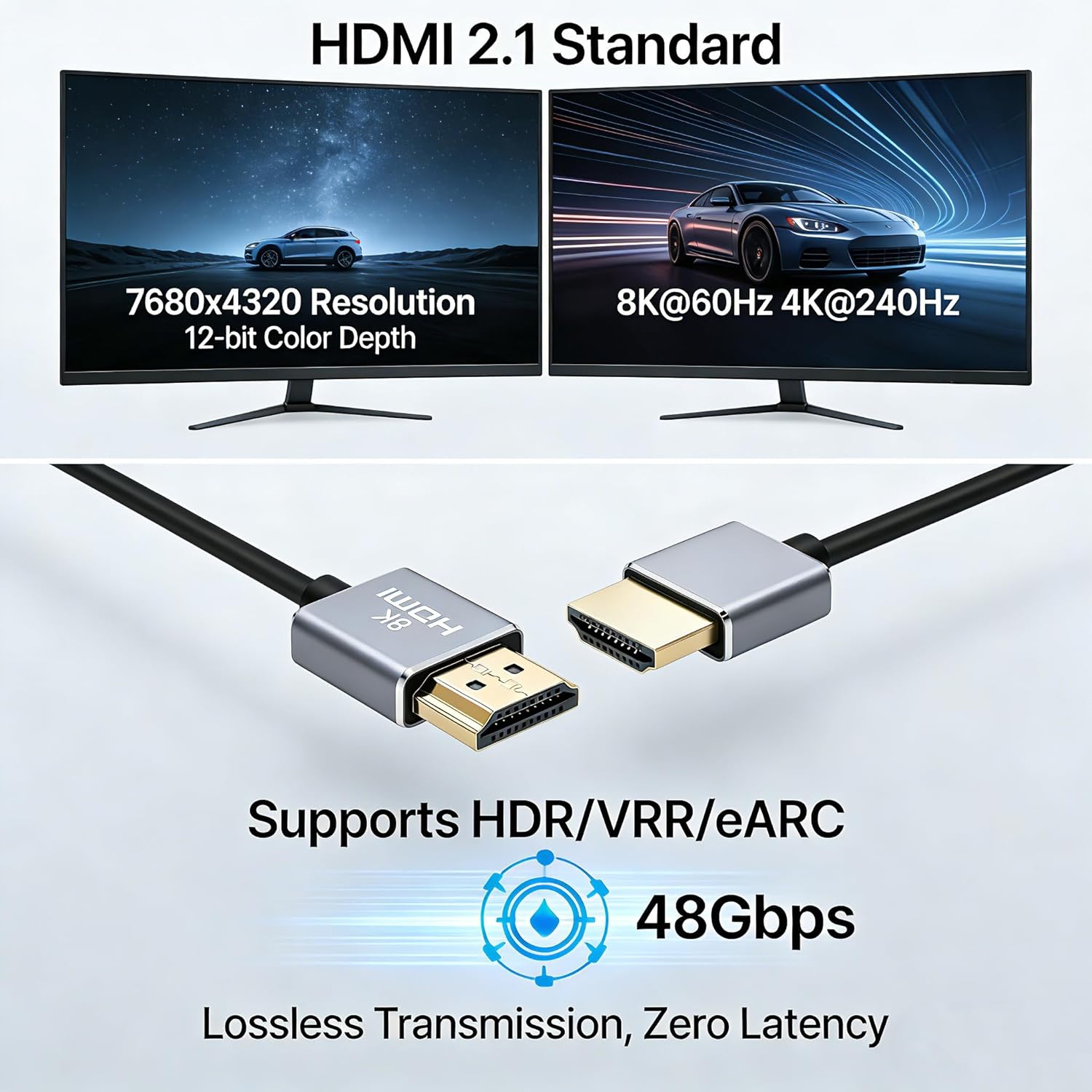 90degree HDMI 8K 60Hz Ultra HD, 4K/120Hz, 48Gbps Slim Flexible Cable for RTX 4090 Gaming Home Theater PS5 Xbox TV PC Monitor Projector Camera, 3M