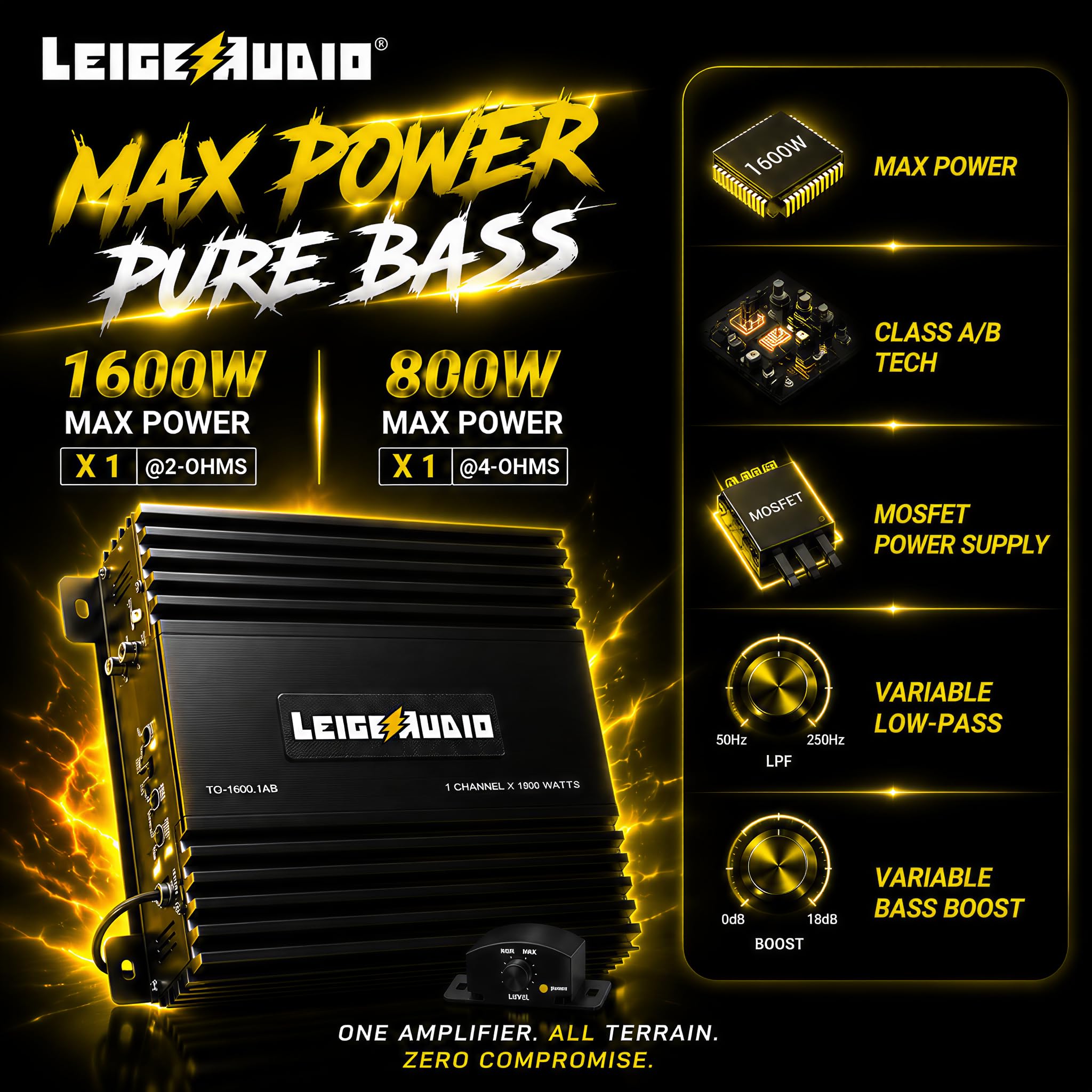 Wzmacniacz monoblokowy 1600 W, klasa A/B, zdalne sterowanie subwooferem, zasilacz Mosfet, wzmacniacze subwoofera do samochodowych głośników audio