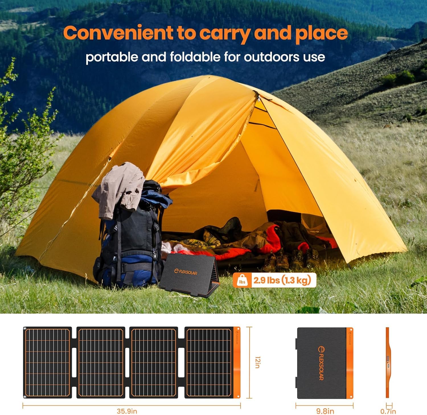 FlexSolar Pannello solare pieghevole da 40 W, caricatore solare portatile con USB-A (QC3.0) e USB-C (PD3.0), 13,9 V, 2,9 A, IP67, impermeabile, PET, alta efficienza, per campeggio e attività