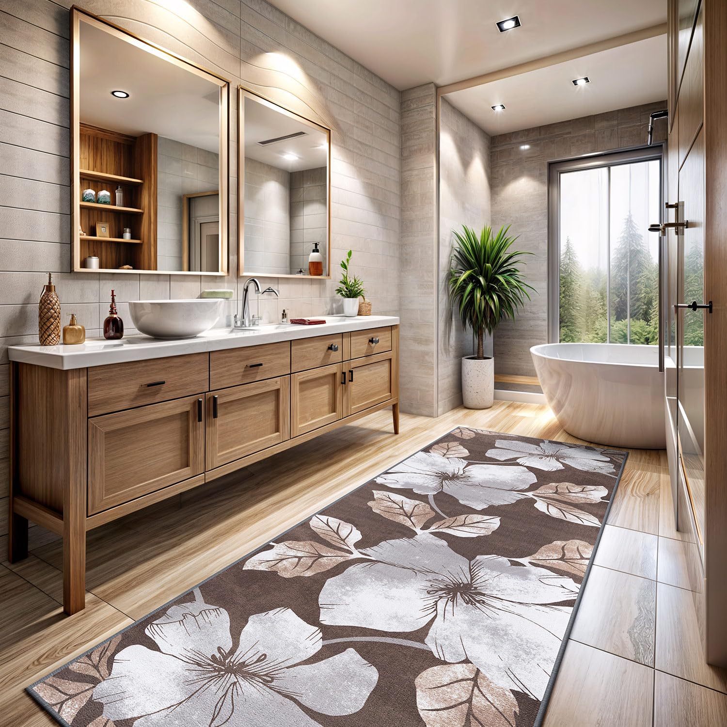 CAMILSON Solana Modern Floral 2' x 7' Area Rugs Non-Skid (Non-Slip) Rubber Backing Gray - Brown Flowers Indoor Rug (2x7, Grey Brown)