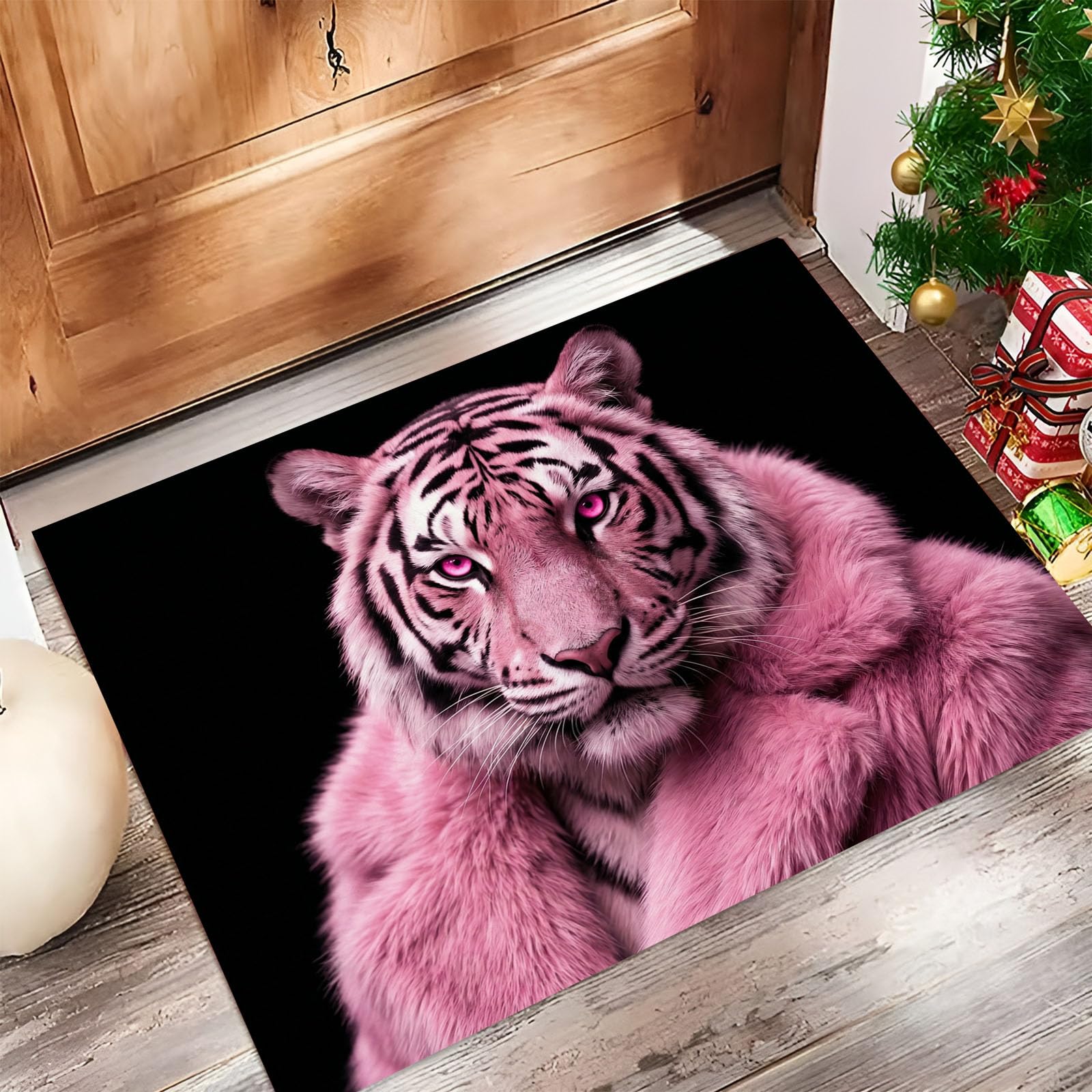 Zerbino Ingresso Interno Ritratto Di Tigre Rosa Alla Moda, Zerbino Di Benvenuto Lavabile Morbida Animali D'Avanguardia, Antiscivolo Tappeto Da Decorazioni Nero Per Casa Porta, 60X90Cm
