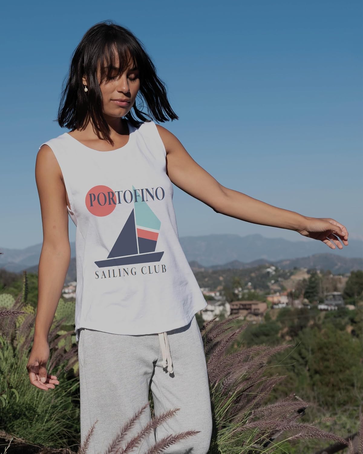 Made By Us - "Portofino Womens Muscle Tank (White) Contemporary Fit and Premium Feel with Vintage Graphic, Made in The USA - Image 3