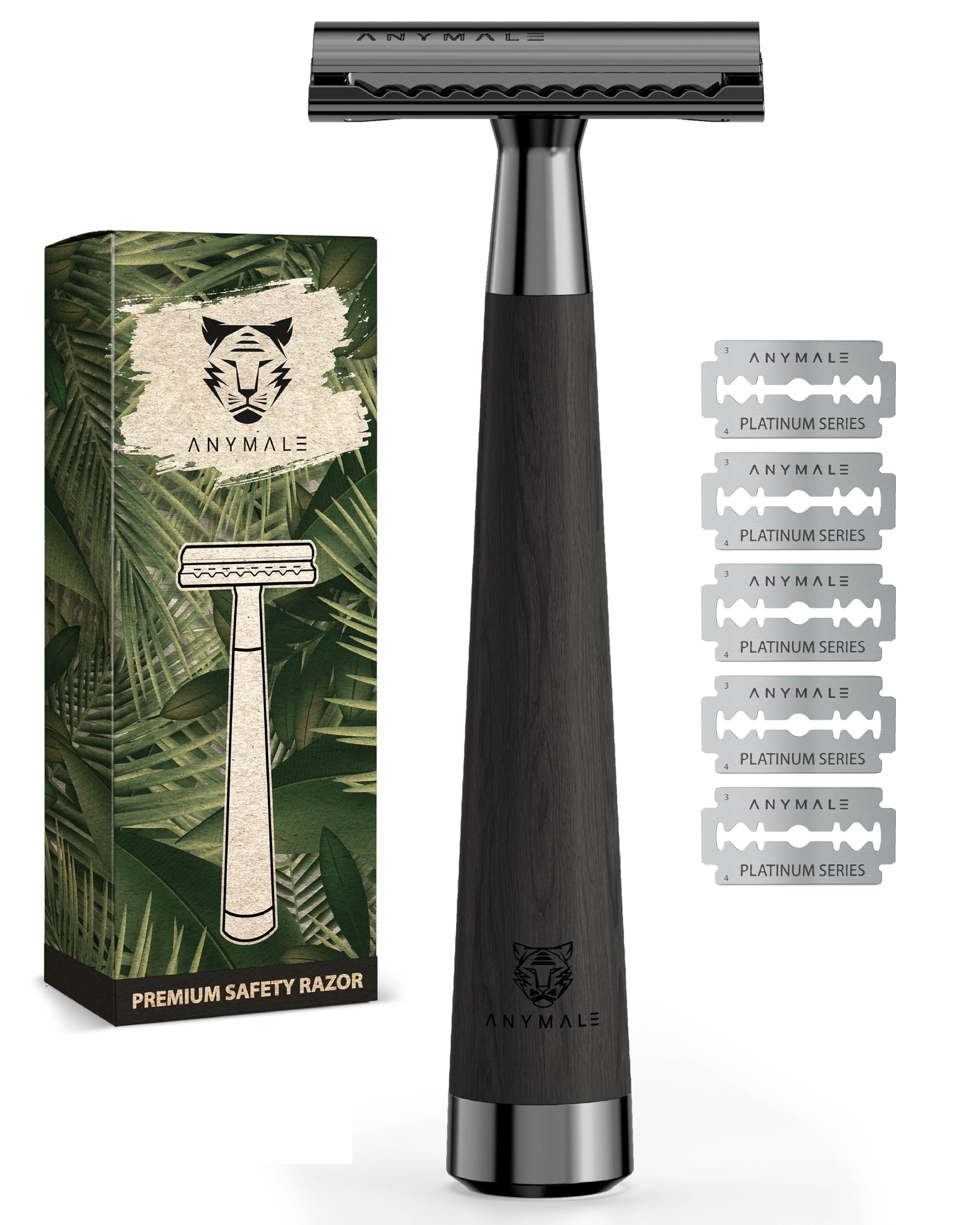 Rasierhobel „Midnight“ für Damen & Herren Griff aus Ahornholz (Schwarz) - Holz Nassrasierer & Rasierer Metall mit 5 Klingen (Zero Waste) - Männer-Rasierer, Klingenrasierer & Safety Razor