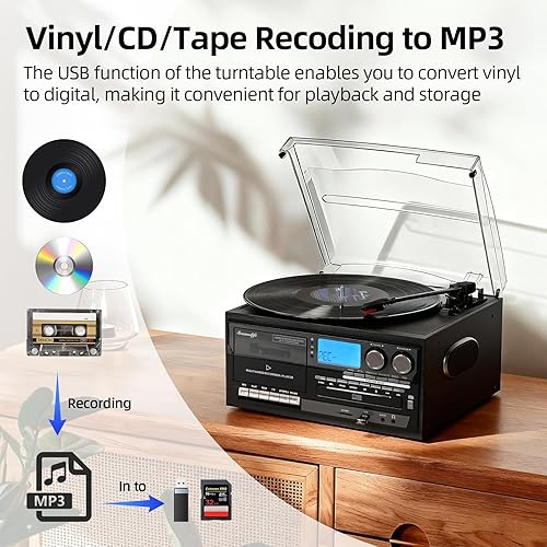 Miniatura 4 de Reproductor de discos Altavoces integrados 10 en 1 tocadiscos con cinta de casete de CD AM FM función de radio 3 velocidades BT entrada salida