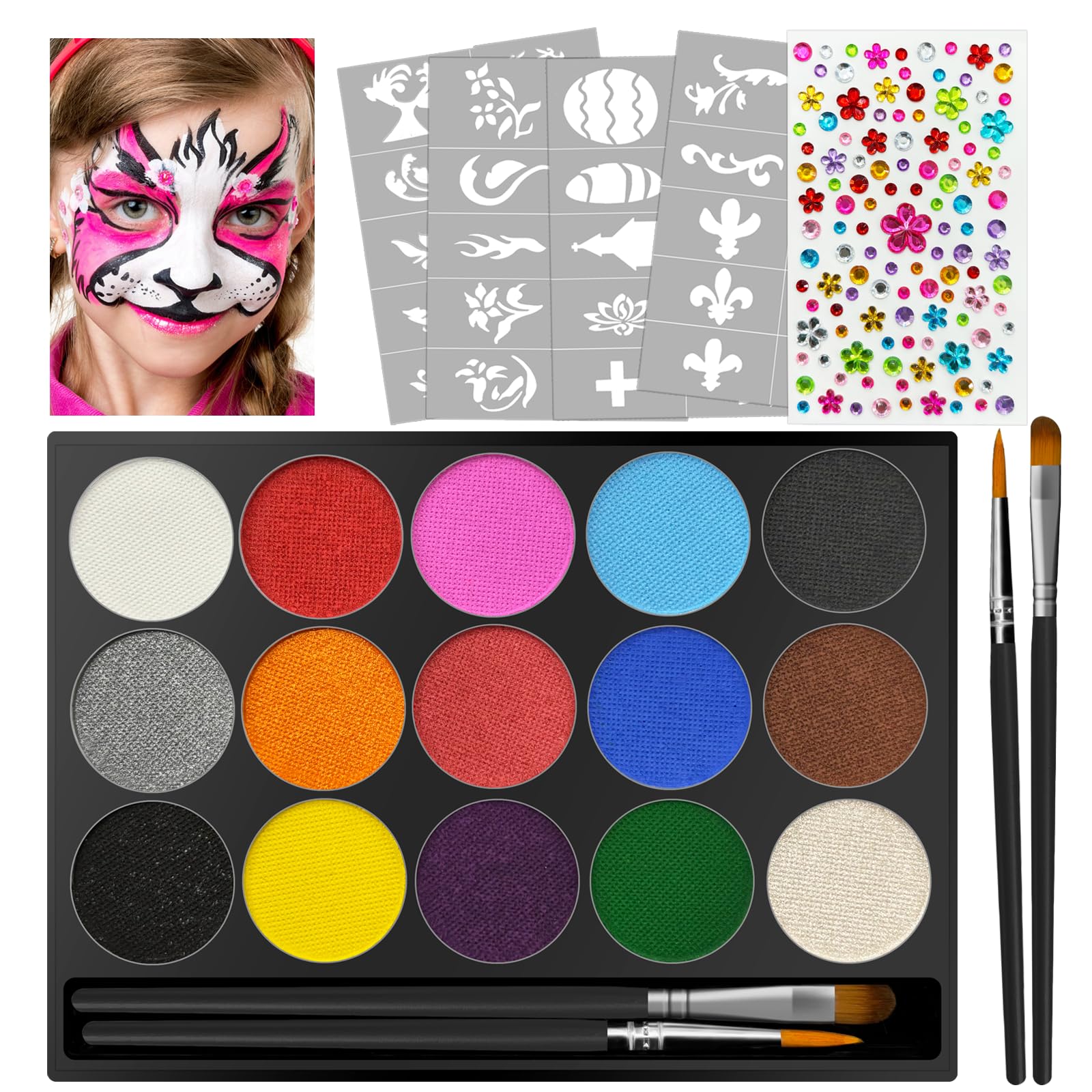 Jsdoin Kit De Pintura Facial 15 Colores Con 40 Plantillas Y 2 Pinceles – Pintura De Cara Para Halloween, Carnaval Y Fiestas Infantiles