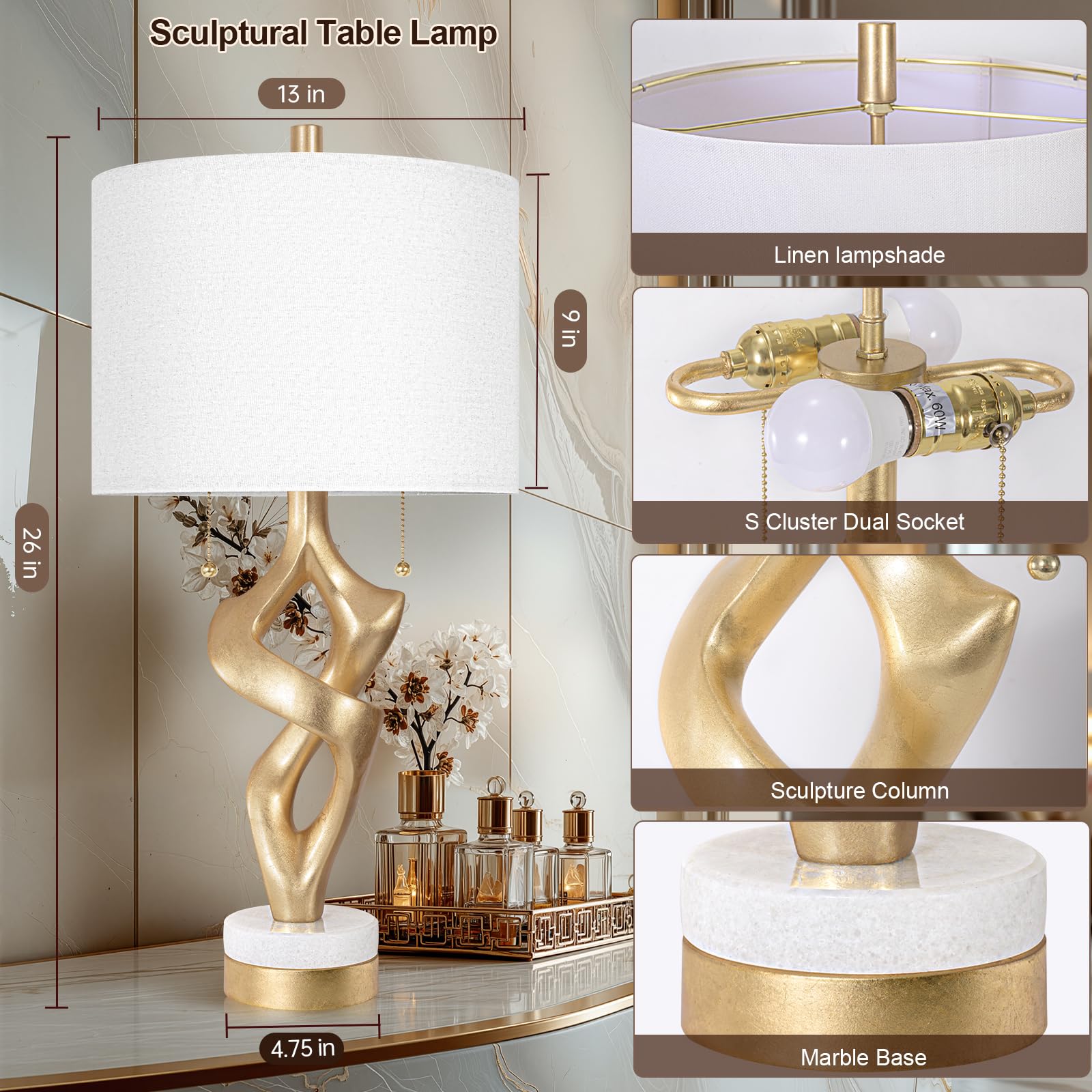 Scenekoy Set di 2 lampade da tavolo scultoree con porte USB per camera da letto soggiorno 66 pollici foglia oro base marmo lampade da comodino interruttore catena moderno per