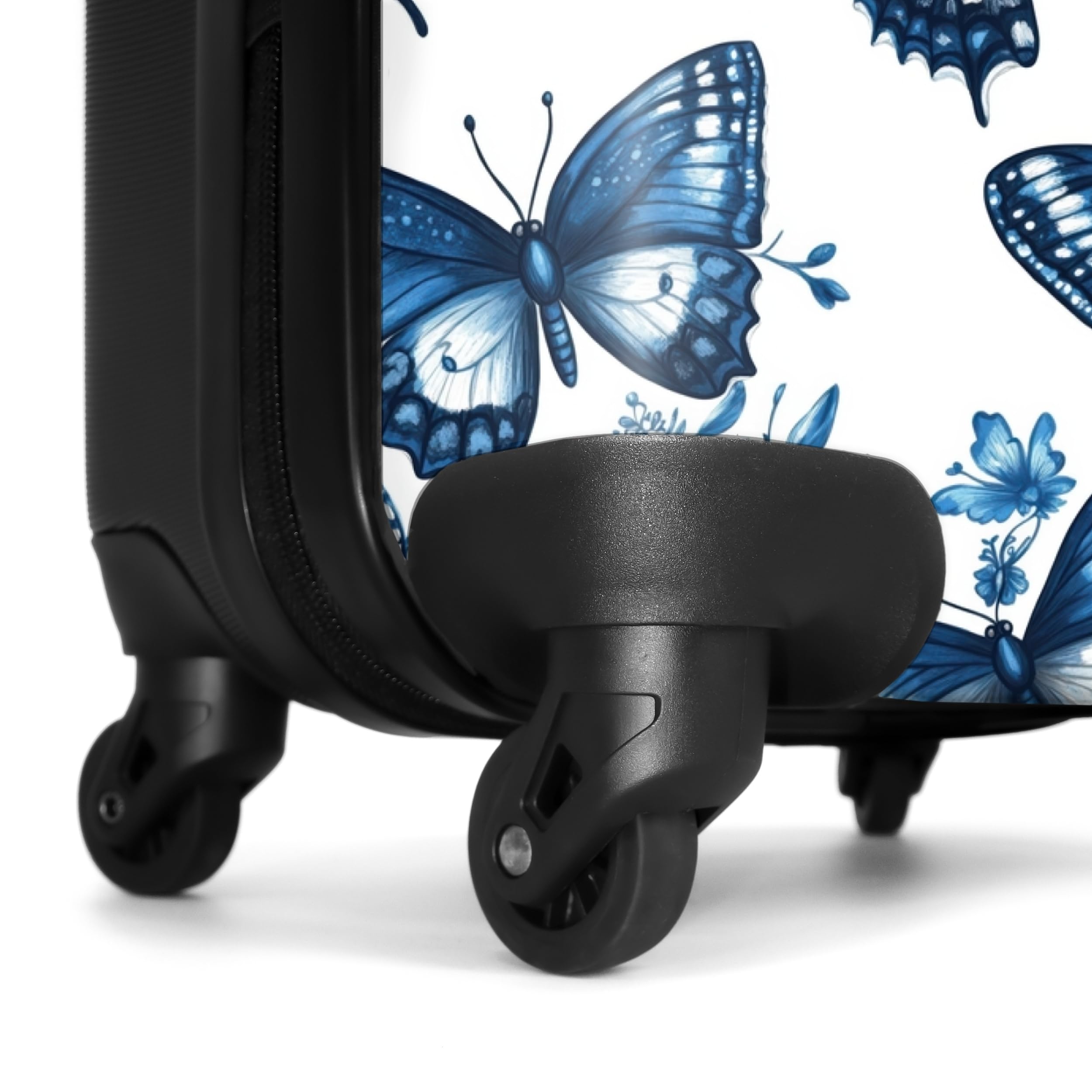 NoBoringSuitcases.com® Koffer Mittelgroß 67x43x25 cm Hartschalenkoffer L Trolley Rollkoffer 4 Rollen Leicht Hartschale Mittel Groß Blau - Schmetterlinge - Blumen - Weiß