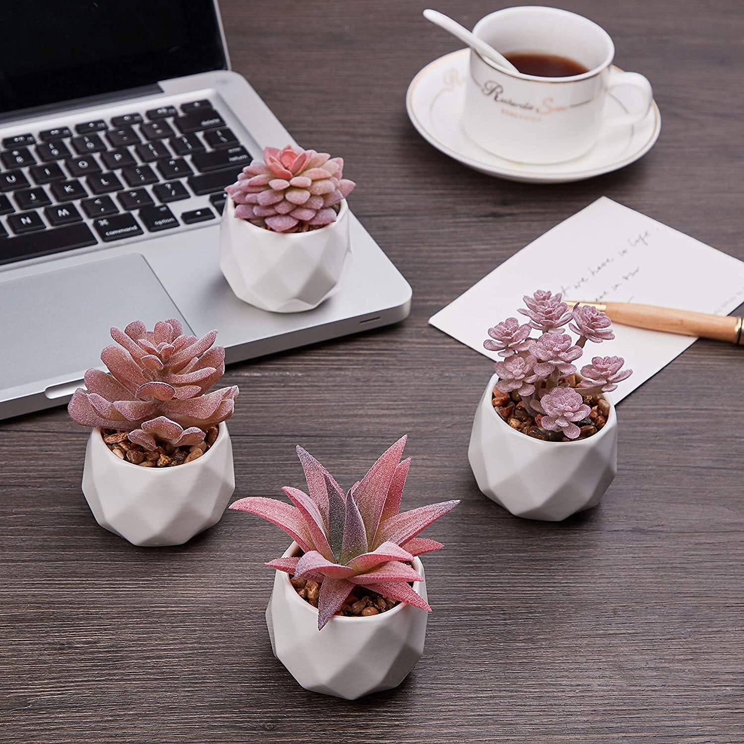 Piante Grasse Artificiali In Vaso Ceramica Bianca – Set Per Scrivania – Decorazione Ufficio E Casa