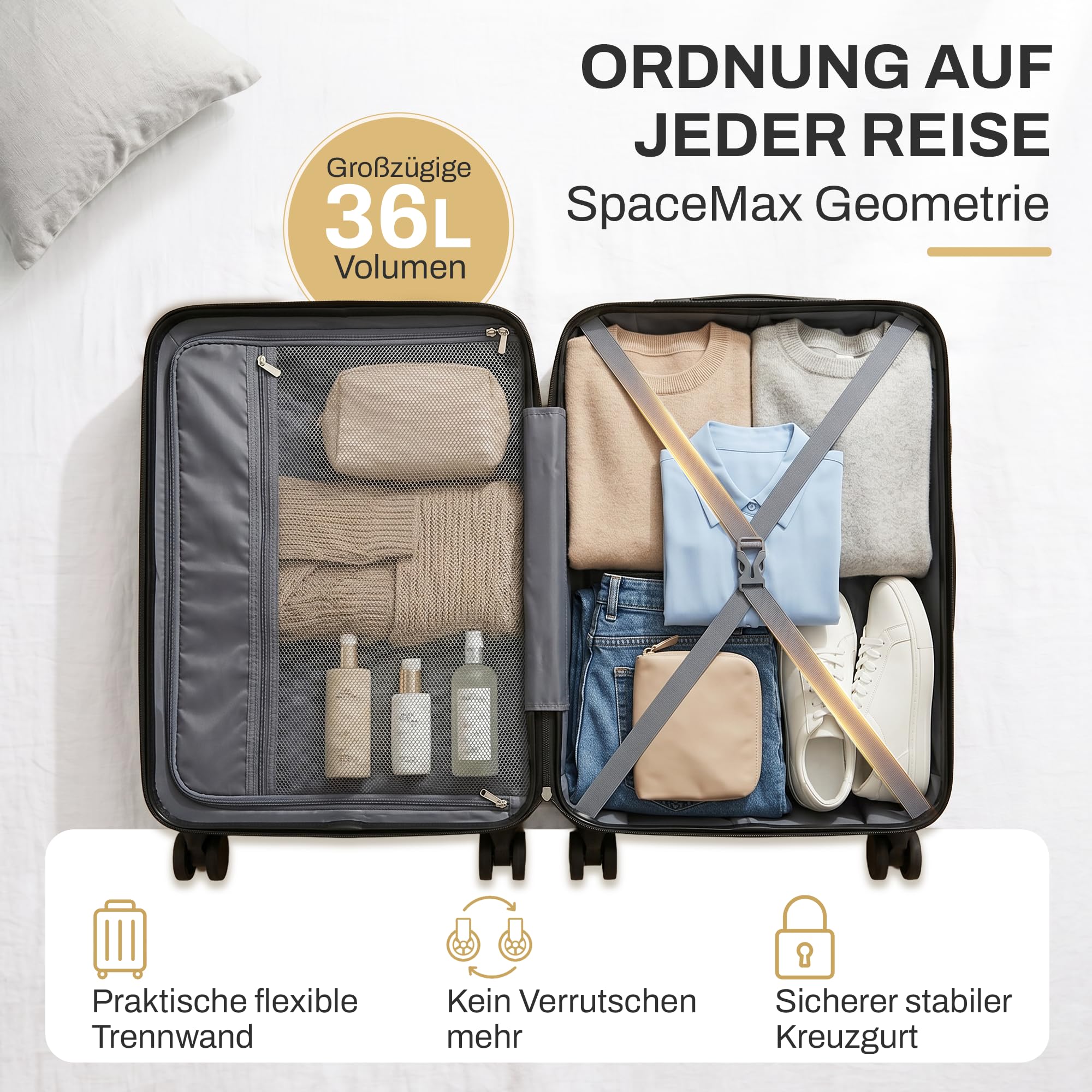 Trolley Handgepäck Koffer 55x40x20cm, Hartschalenkoffer klein mit TSA Schloss und sanften 360° Rollen, 36L Volumen, passend für Lufthansa, Ryanair und Eurowings, All Black (Schwarz)