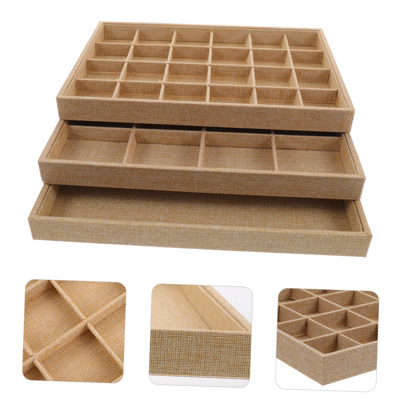 TOYANDONA 3 piezas Bandeja Organizadora de Joyas de Lino Apilable para Mujer Almacenamiento Práctico con Compartimentos para Anillos Pendientes Collares Caja Ligera y Portátil para Viaje y