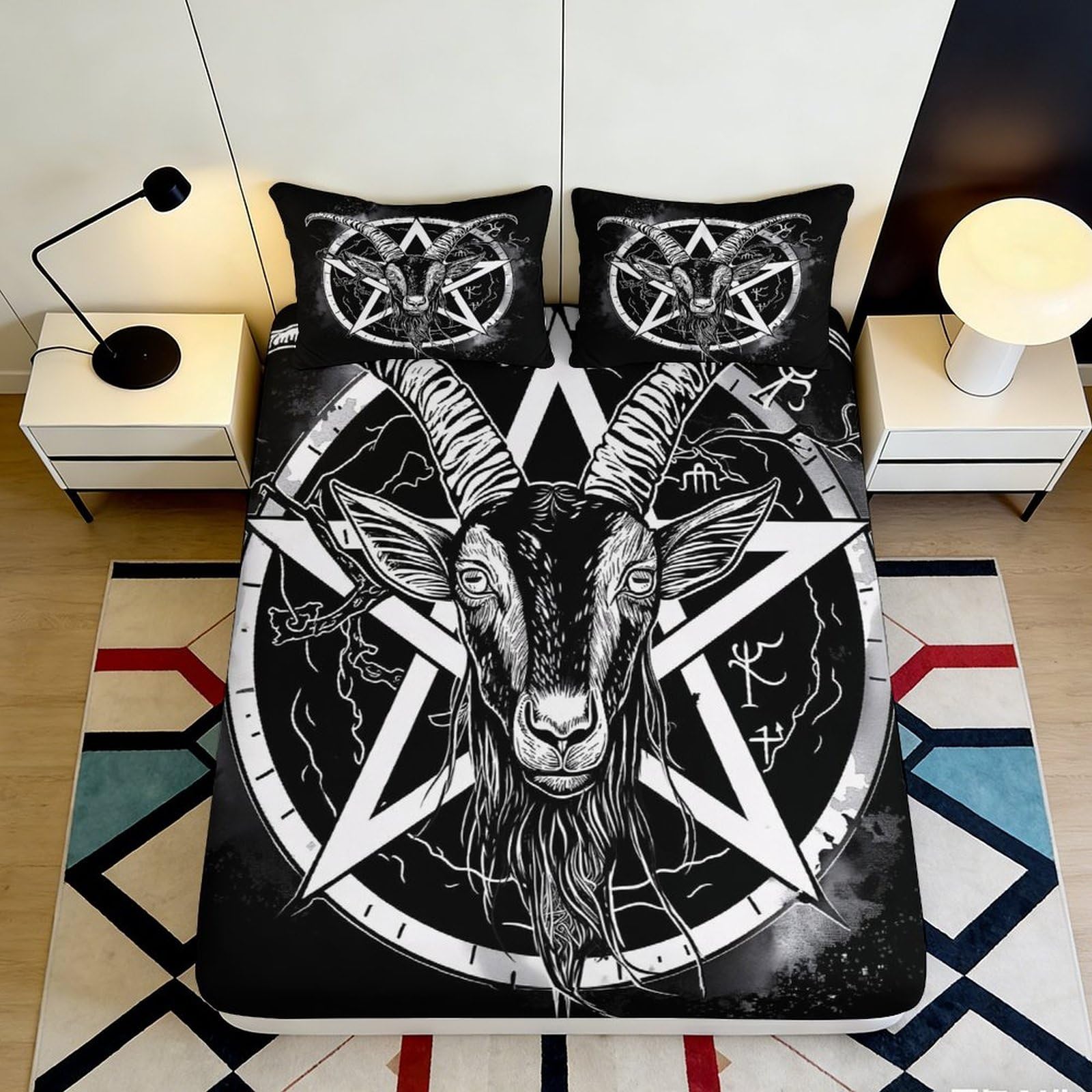 Jqzkxnhpbr Style-3 3D Printed Gothic Goat Head Fitted Sheet Microfiber Soft Breathable Pentagram Bed Cover For Bedroom Dorm Mattress Decor 90X200x25cm