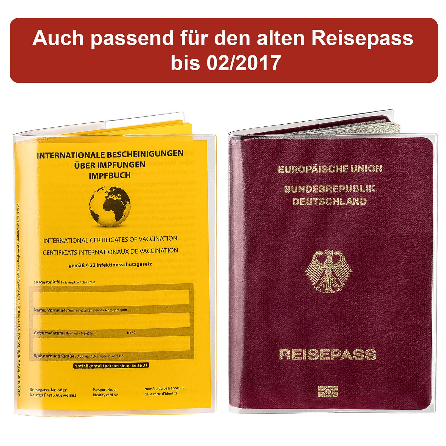 1x Custodia con scomparto aggiuntivo per Certificato Internazionale di Vaccinazione (Formato 13x9,3 cm) - pieghevole - trasparente opaco - Copertura per Carta gialla