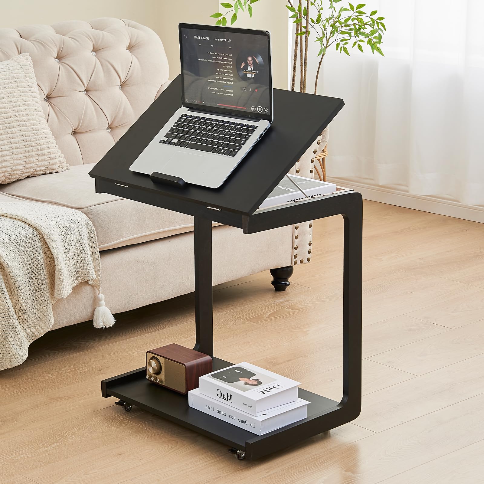 Uniclinens Rolling Side Table, C Shape Couch End Table with Wheels, Mobile Wooden Sofa Tray,Movable Small Couch Desk for Bedroom Living Room, Black
