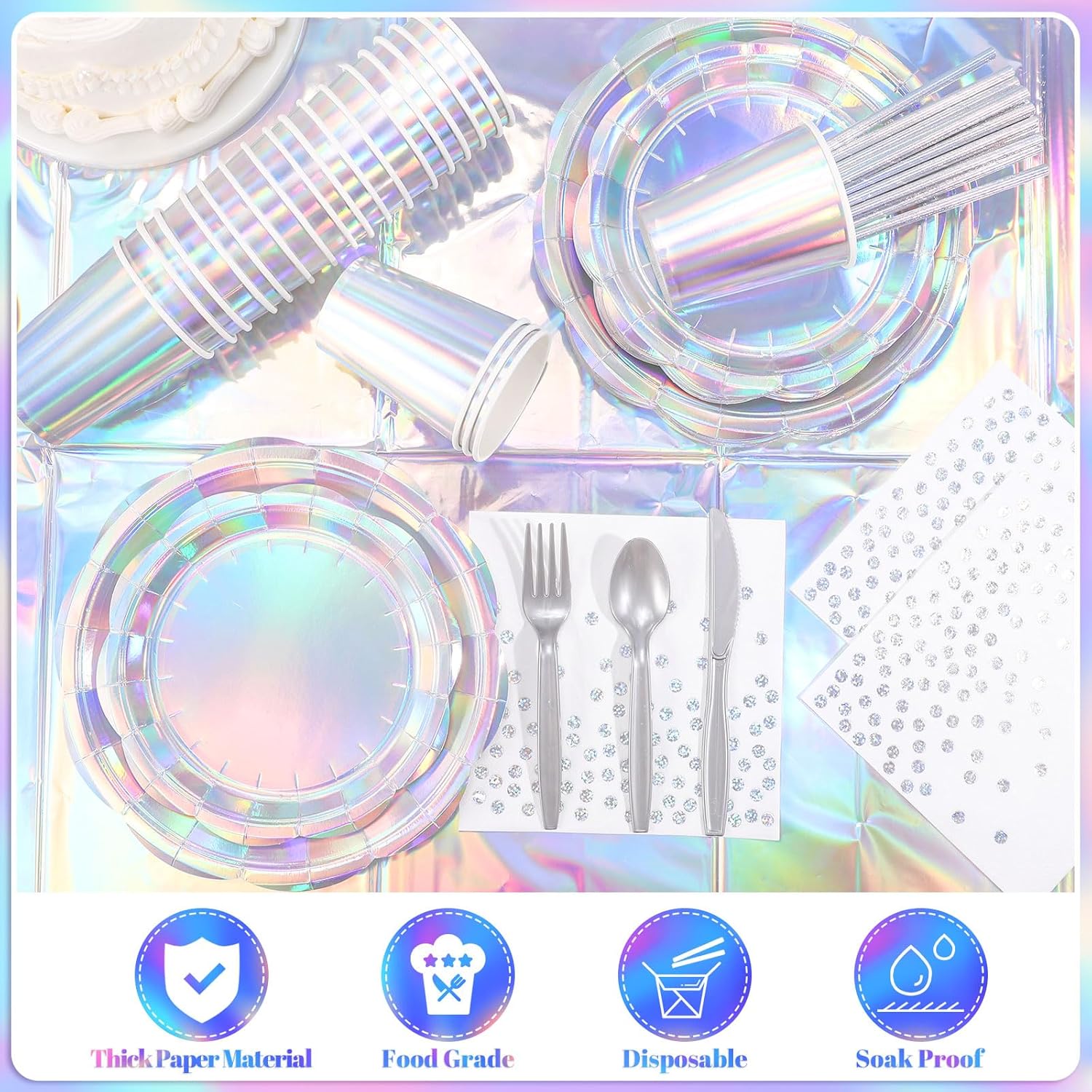 200 Pcs Iridescent Party Supplies Decorations, 25 Guest Scalloped Iridescent Graudation Plates and Napkins Bachelorette Decorations Holographic Tableware for Birthda Bridal Wedding Disco