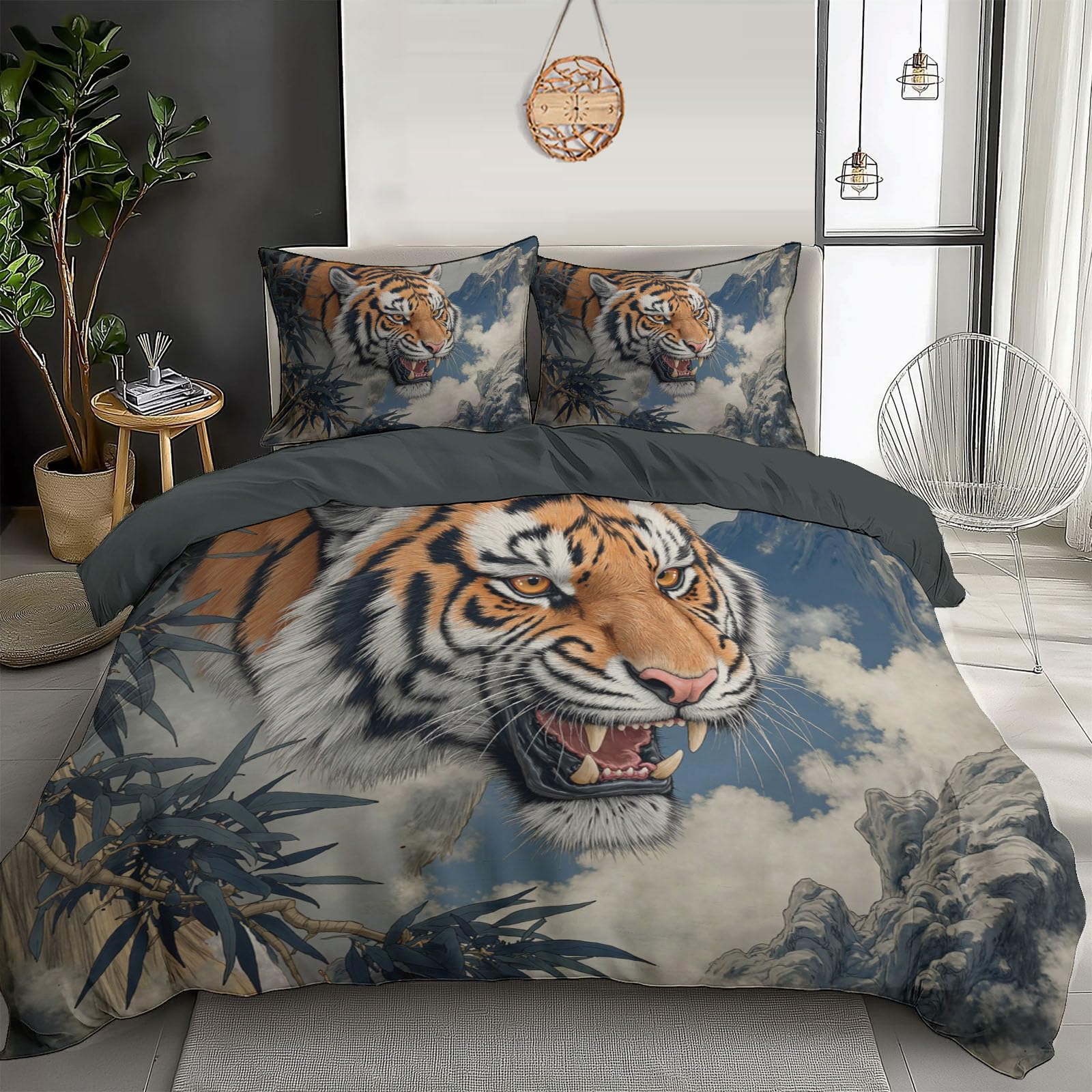 Parure de lit 200x200cm Enfant avec motif tigre style peinture à l'encre bleu