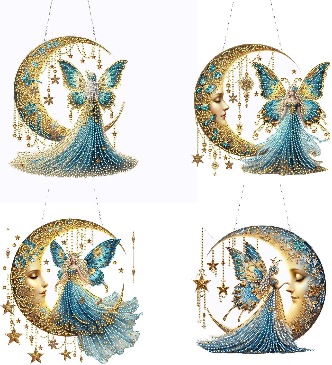 ARTopet 4Pcs DIY Diamond Pendant Ornament Special Shaped Crystal Diamond Art Painting Hanging Double Sided Pattern Single Sided Diamond for Home Garden Wall Door Decor-Moon Fairy