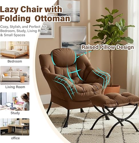 Miniatura 7 de Silla Lazy con otomana, silla moderna con reposapiés plegable, silla de acento de salón, cómoda silla de lectura (marrón oscuro)