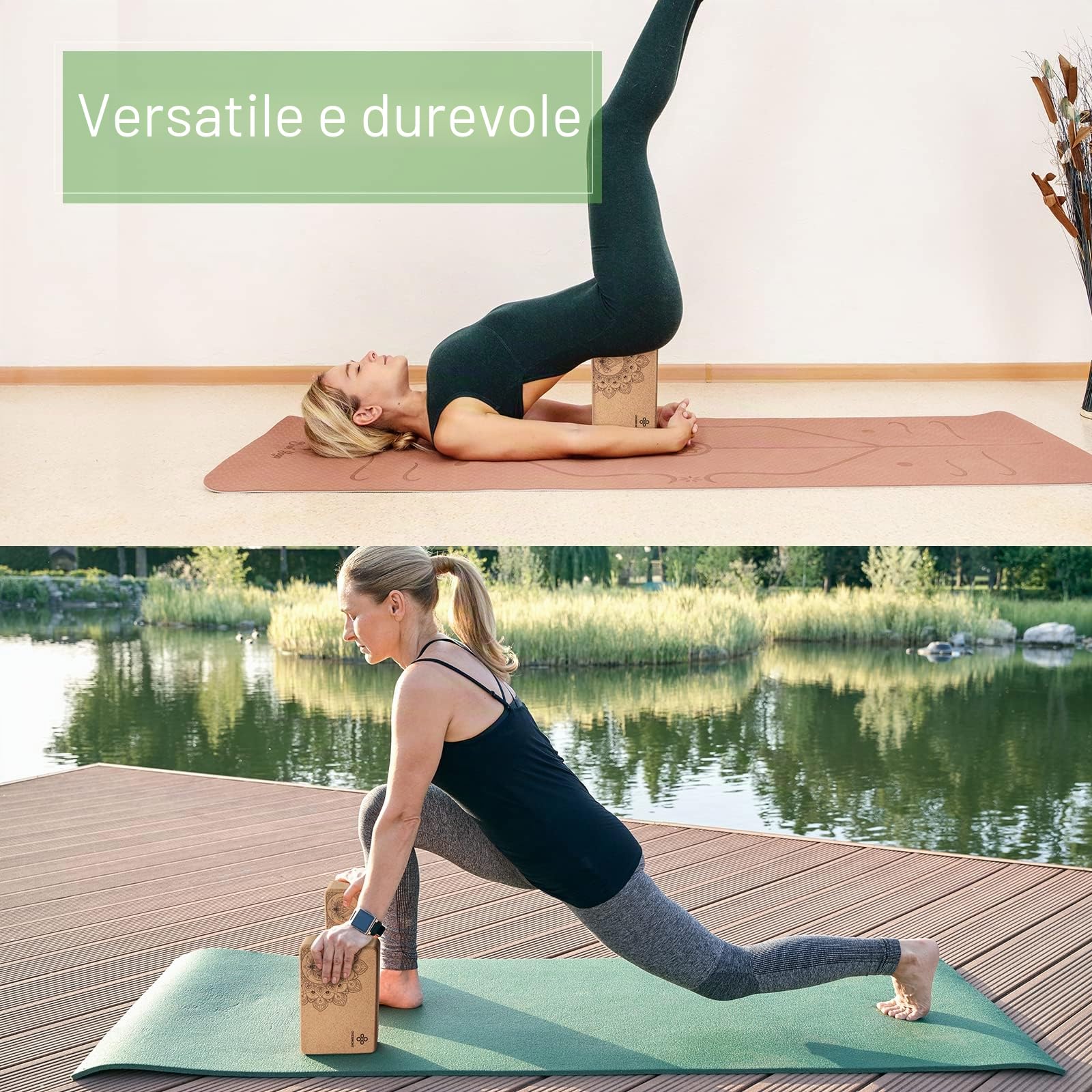 Overmont Mattoncini Yoga in Sughero - 2 Pezzi Blocchi Yoga Naturale con Cinghia - per Principianti Meditazione e Pilates Accessori per Il Fitness Yoga Accessori - 23 x 15 x 7,6 cm