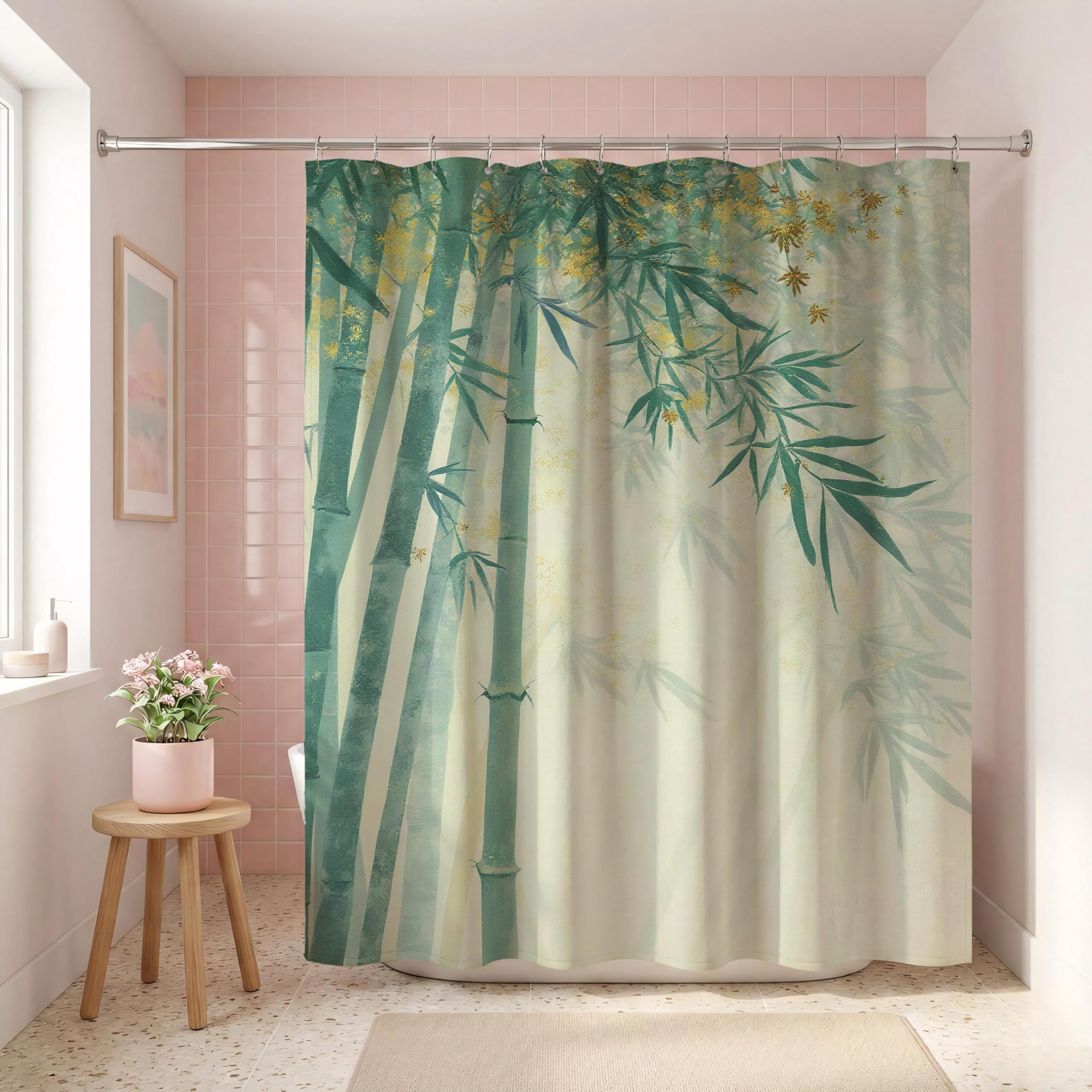 Tenda da doccia in bambù verde, decorazione bagno zen spa, tessuto in poliestere impermeabile e ad asciugatura rapida, lavabile in lavatrice (300x180 cm/118x71 pollici (LxA)/)