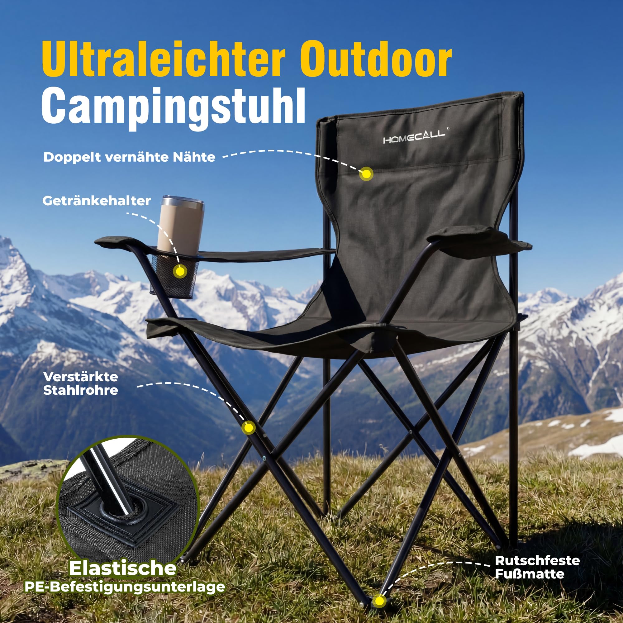 Homecall Camping Tisch Stuhl Set, faltbares Campingtisch mit Stühlen, leichtgewichtiges 2er Campingstuhl-Set mit Tragetasche, Campingstuhl mit Tisch für Picknick, Garten, Terrasse, Reise (Schwarz)