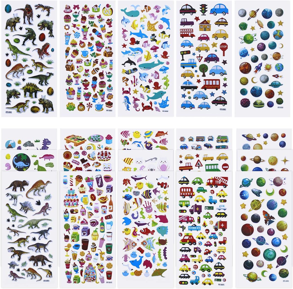 20 Sheets 3D Stickers for Kids & Toddlers 1000+ Puffy Stickers Variety Pack Including Dinosaurs,Construction Vehicle,Marine life,Animals,Planet,Cake,Fruit,Letters,Hearts,Smile and More (B)