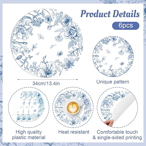 Miniatura 2 de Juego de 6 manteles individuales redondos de plástico chinoiserie de 13.4 pulgadas, lavables, de vinilo, color azul y blanco, para interiores y