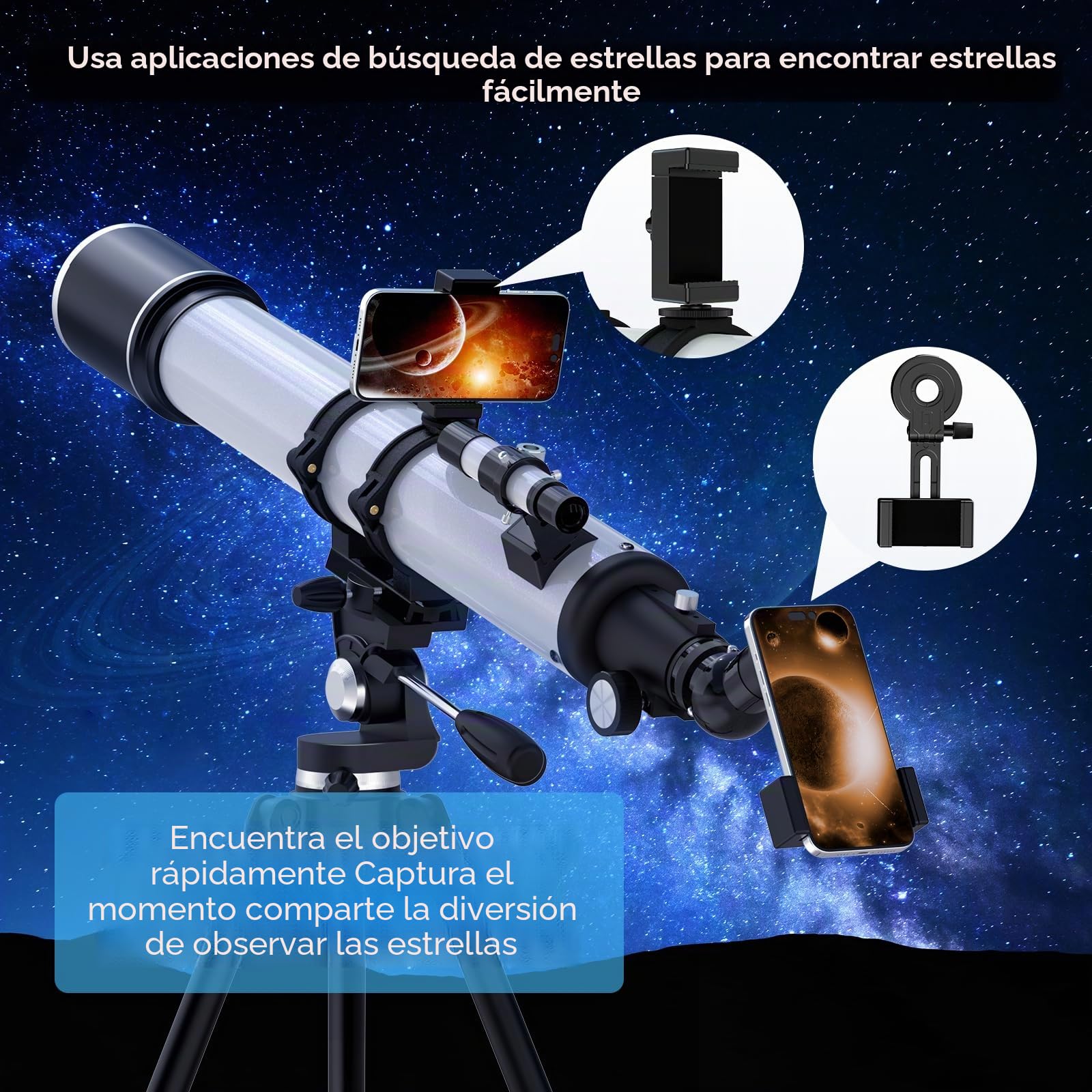 Telescopio, 90 mm Apertura 900 mm Telescopio Astronómico Profesional para Adultos Principiantes, Telescopio Refractor Portátil con Trípode,Teléfono Adaptador, Bolsa (Blanco)