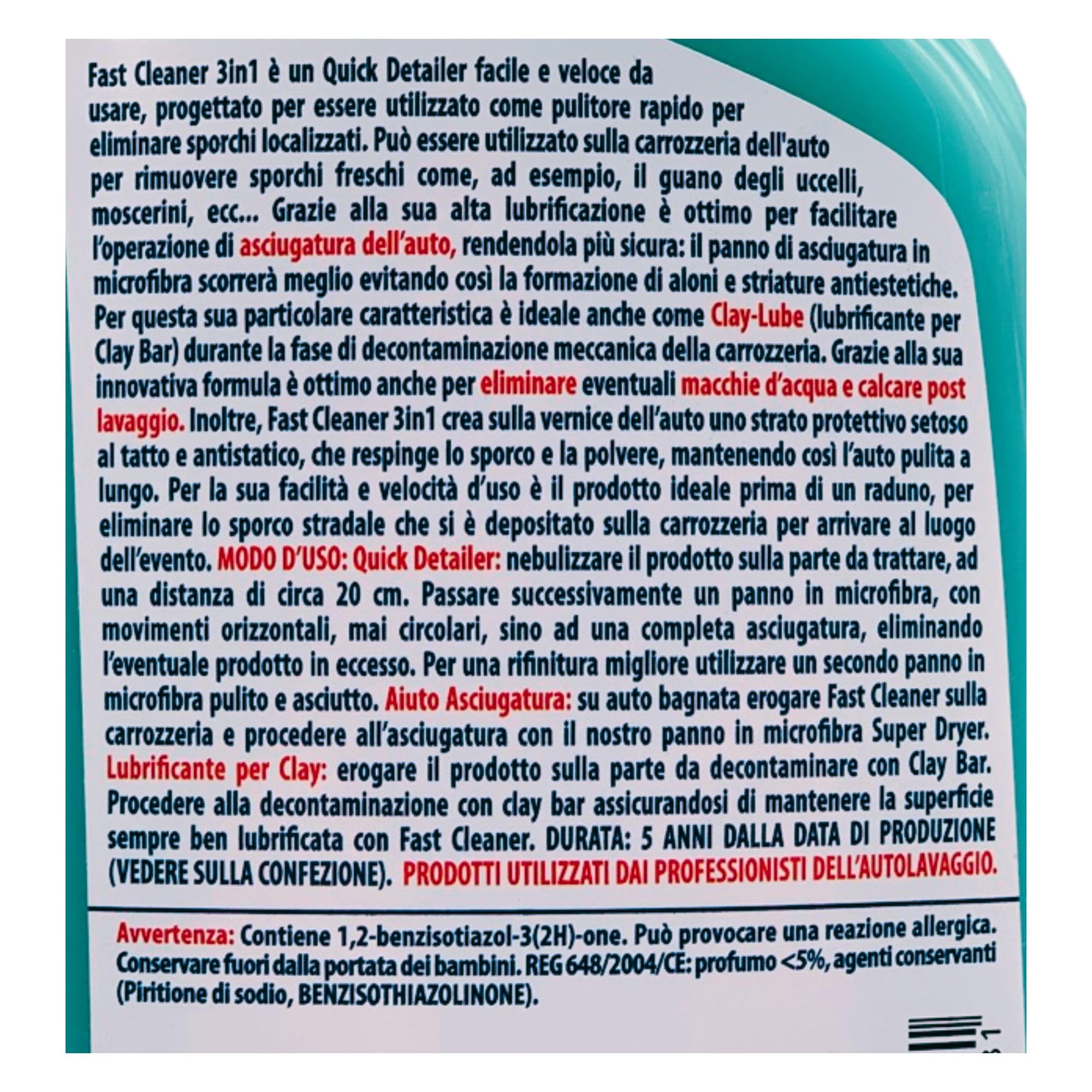 Pulitore Spray Rapido Lucidante e Lubrificante Per Claybar FAST 3In1 CLEANER, Elimina Lo Sporco Superficiale e Il Guano Dei Volatili, Con Effetto Anti Pioggia e Anti Impronta 500ml (6 Spray)