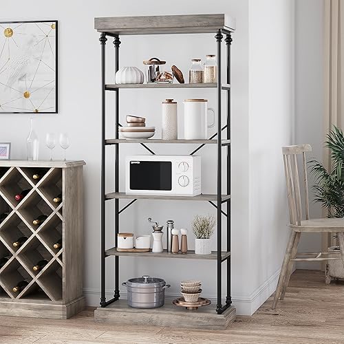 Miniatura 8 de IDEALHOUSE Estantería industrial de madera con 6 niveles de almacenamiento, estante abierto con marco de metal, estantes rústicos altos, estante