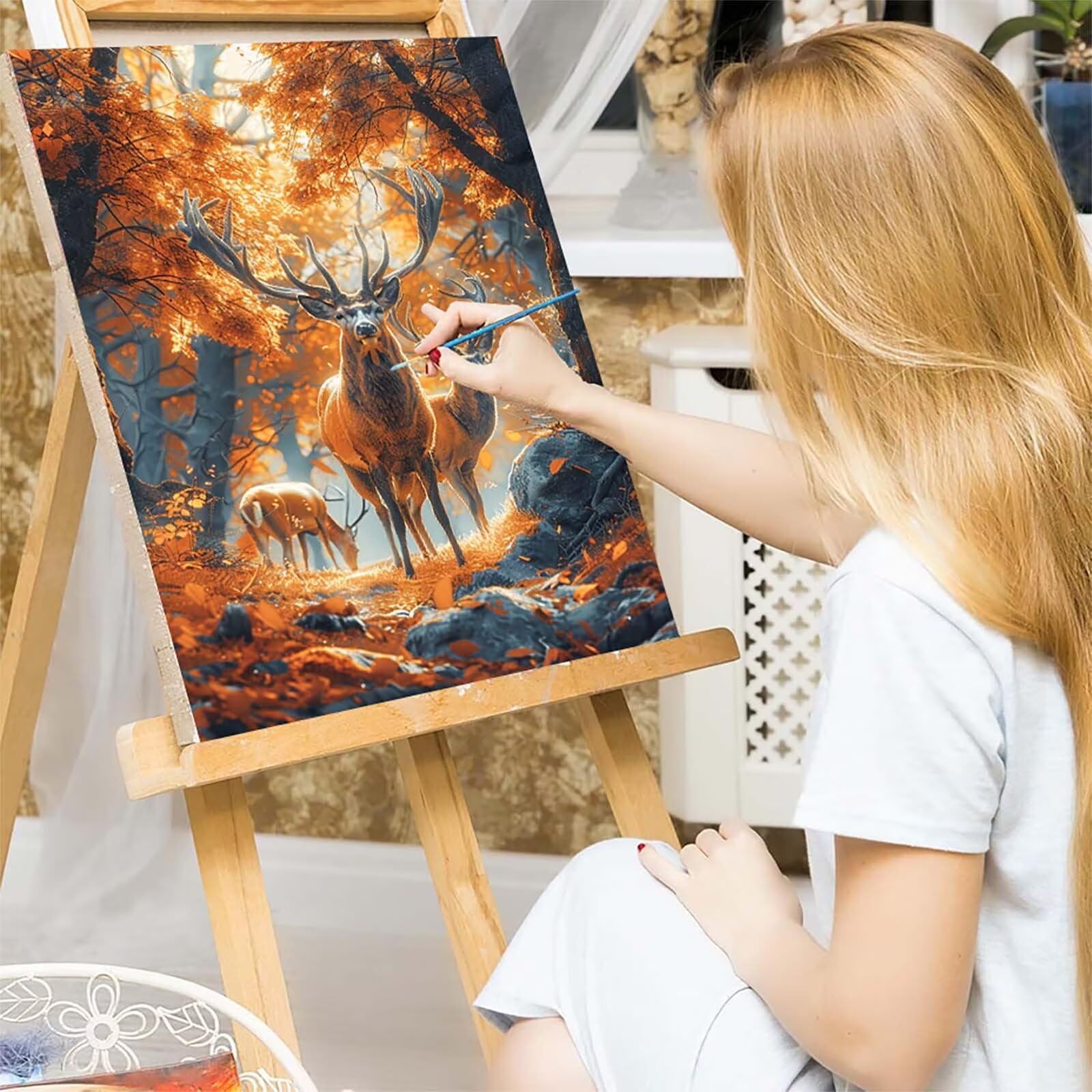 F-3027 Jeleń do malowania po numerach, dla dorosłych, drzewo dla dorosłych, rękodzieło, akrylowy pigment, zestaw do rysowania ze pędzlami, hobby dla kobiet, dekoracja ścienna domu, prezenty dla kobiet