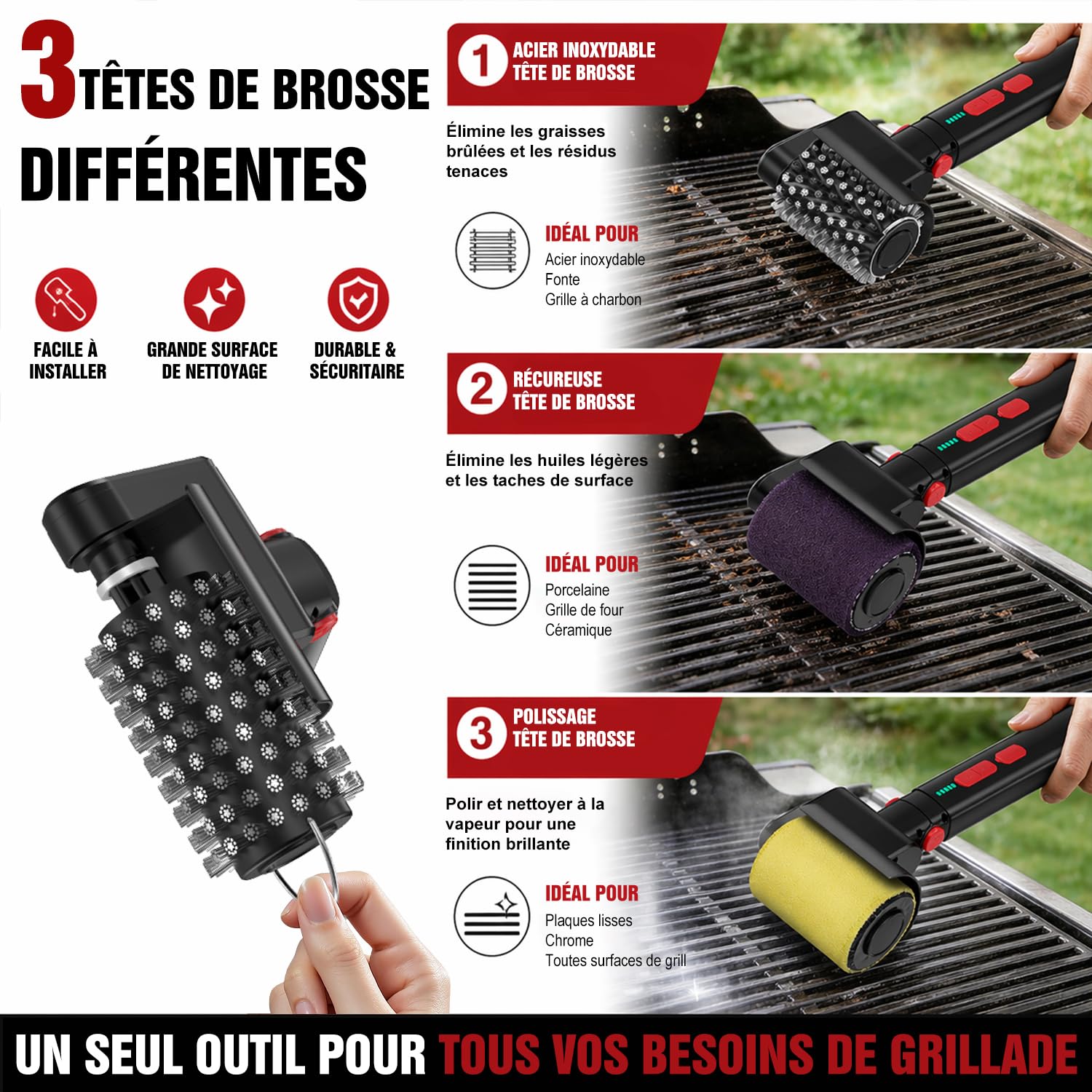 Brosse Barbecue Electrique, Rechargeable Nettoyeur Grille Barbecue avec 3 Vitesses Contre Les Graisses Brûlées, Autonomie de 150+ Minutes et Etanche, Brosse à Gril sans Effort pour BBQ Grils