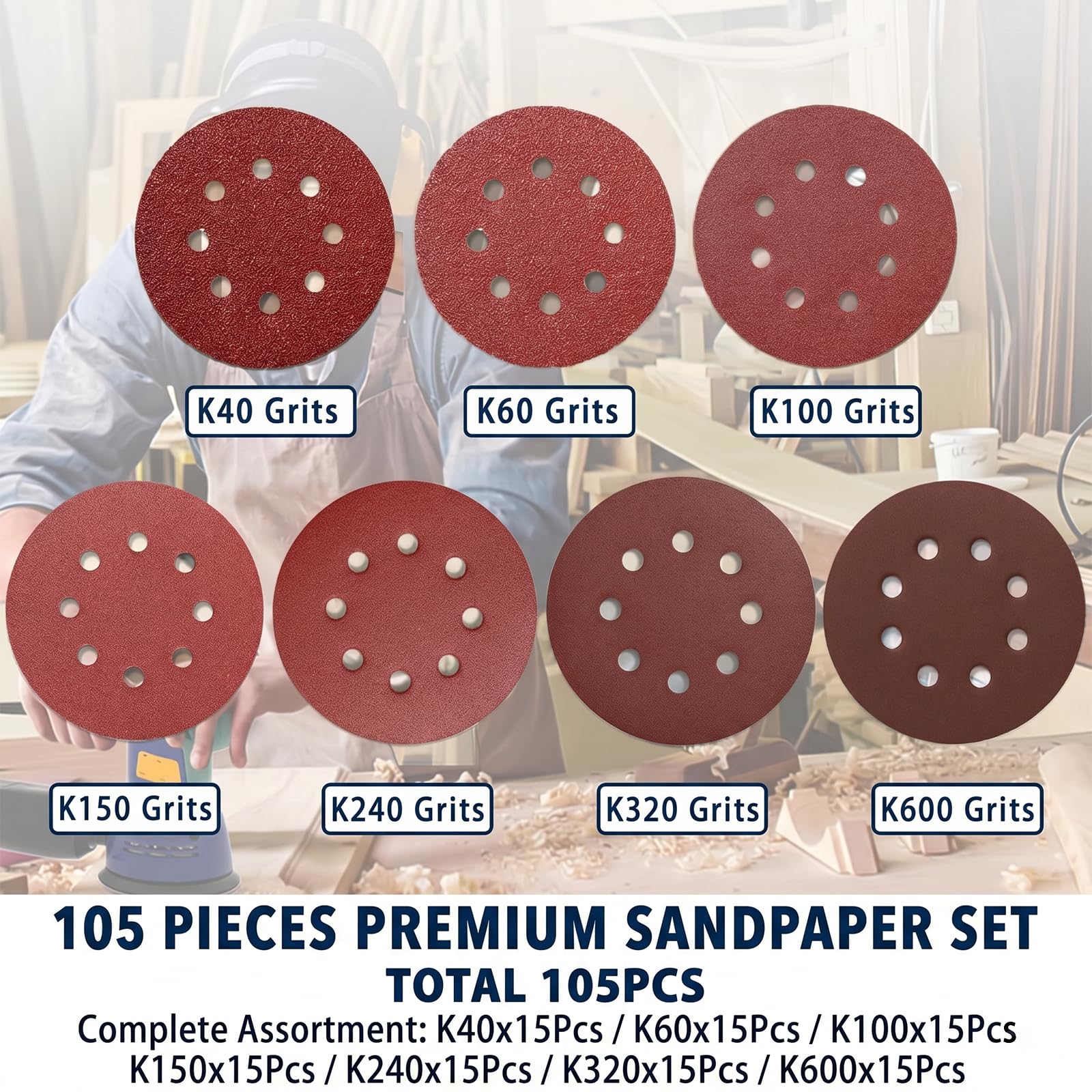 Set di carta vetrata da 105 pezzi, 125 mm, fissaggio con , dischi abrasivi a 8 fori per levigatrice orbitale orbitale - 7 gradazioni (P40/60/100/150/240/320/600), 15 pezzi ciascuno – autoadesivo